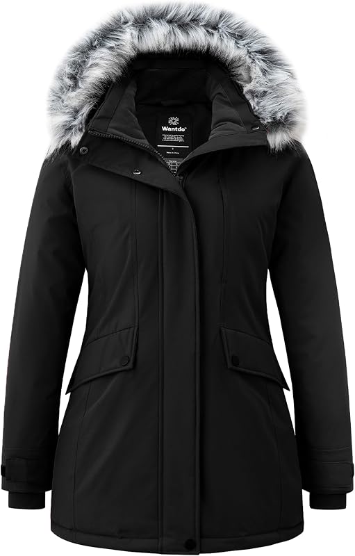 Wantdo Women's Down Jacket Water Resistant Warm Winter Parka Long Puffer Coat with Fur Hooded