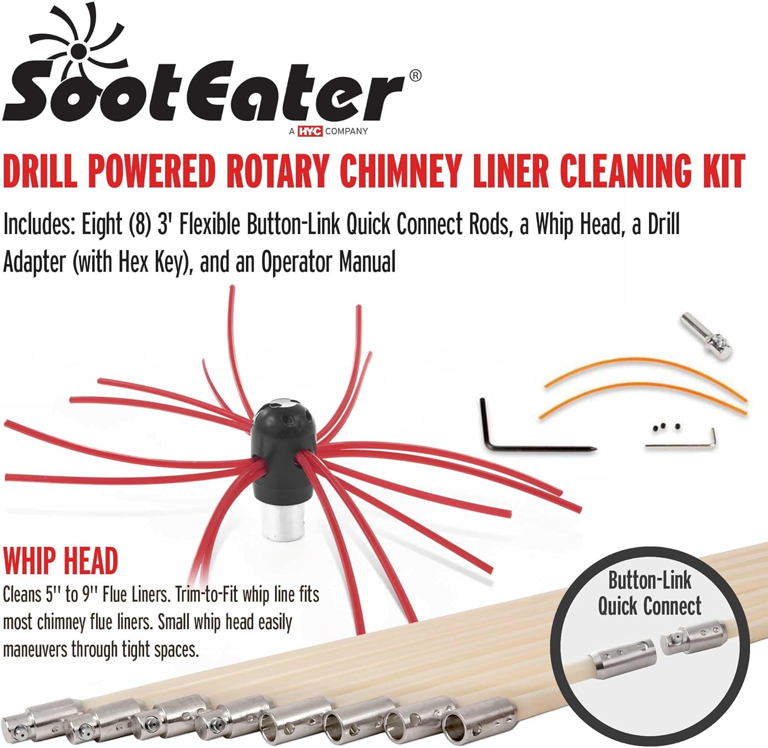 HY-C Rotary Chimney Cleaning Kit - Gardus SLK-24 SootEater Chimney Liner Kit, Chimney Sweep Kit, Chimney Sweep Brush Cleans Chimney Liners up to 24'