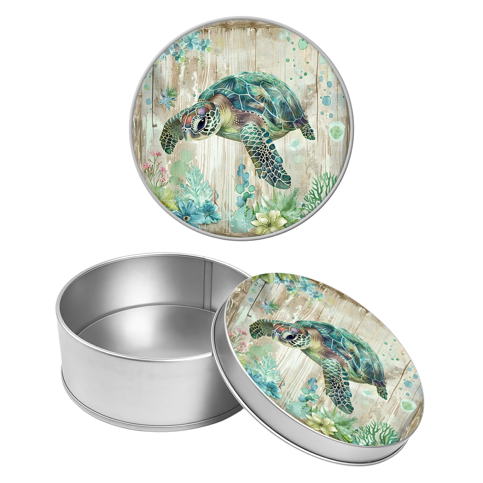 Round Metal Tin Container with Removable Lid, Wood Seaturtle Durable Metal Storage Box for Crafts Snacks Candies Office Supplies Small Items 3.54 x 1.38 inch– Single Pack