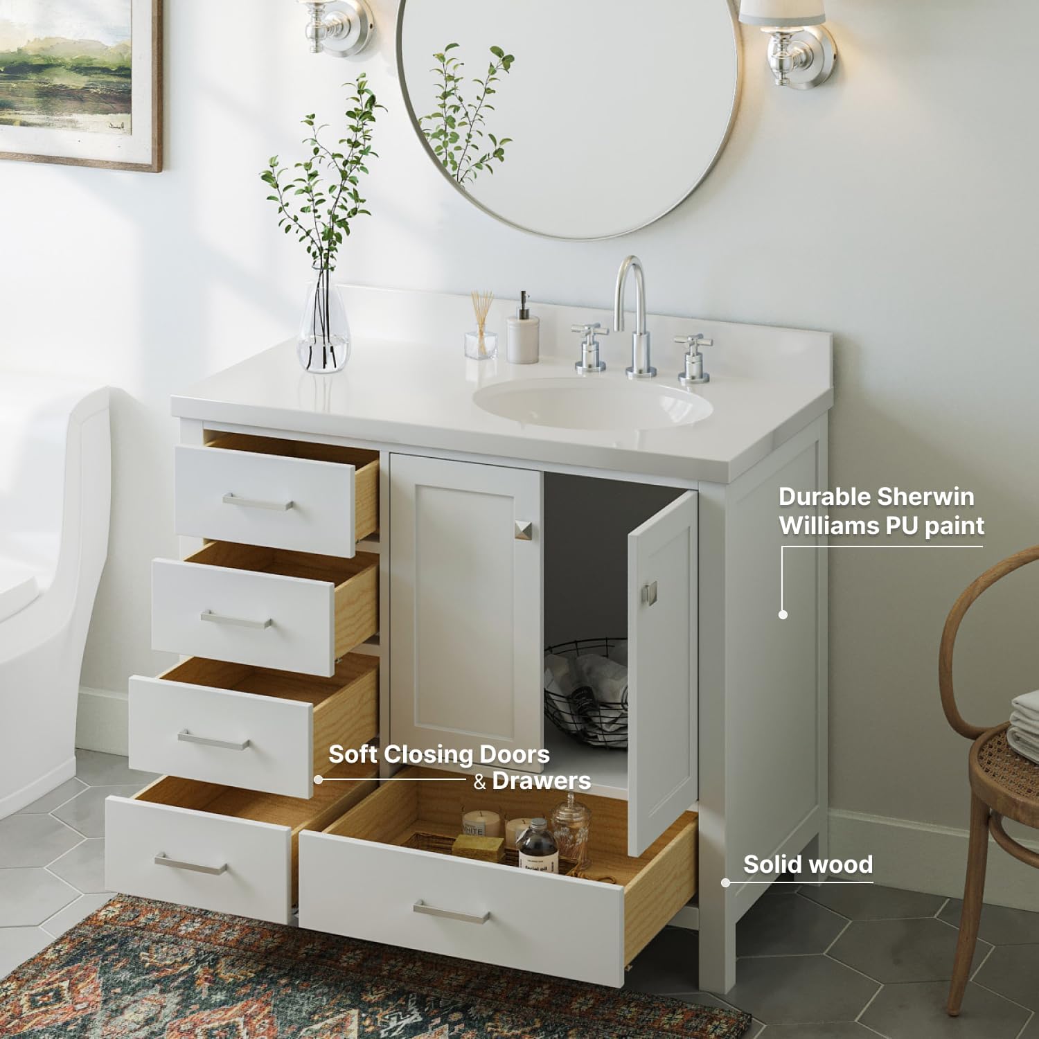 ARIEL Cambridge vanity with soft-closing doors and drawers open