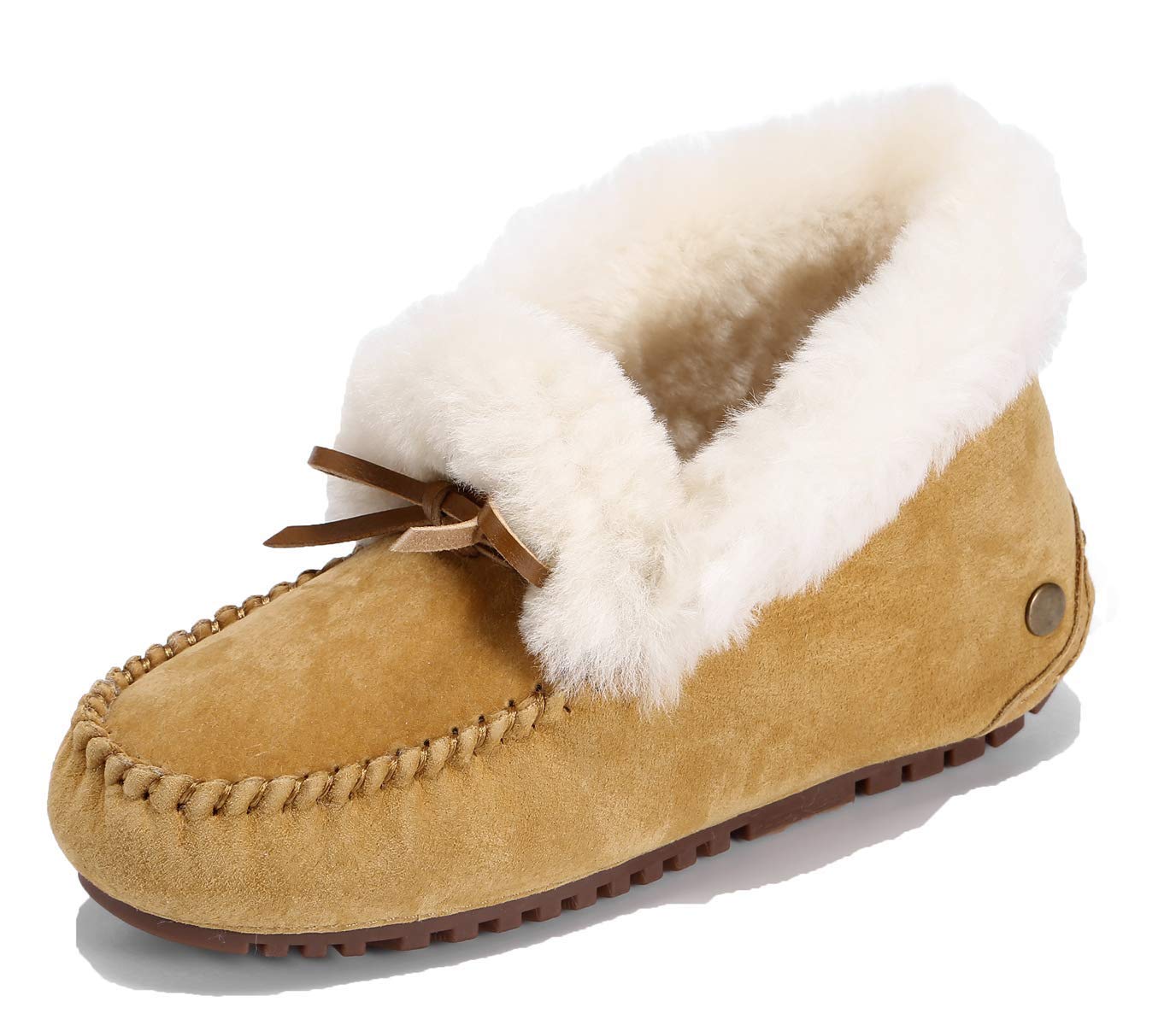 U-lite Women's Moccasin Slippers with Warm Wool Lining, Pigskin Leather Non-Slip Rubber Sole for Indoor and Outdoor Casual Winter Flat Shoes