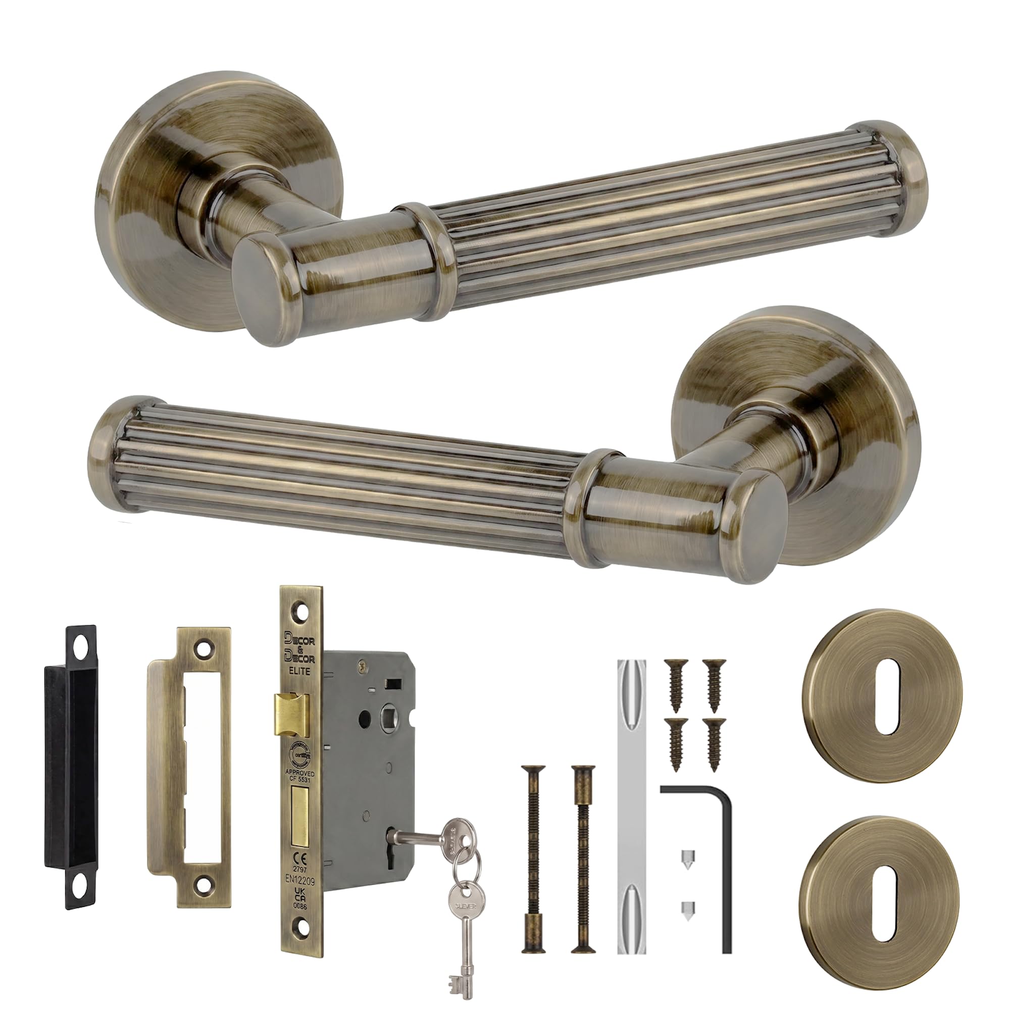 Decoranddecor Leto Antique Brass Internal Door Handles, Sash Lock Kit 76mm