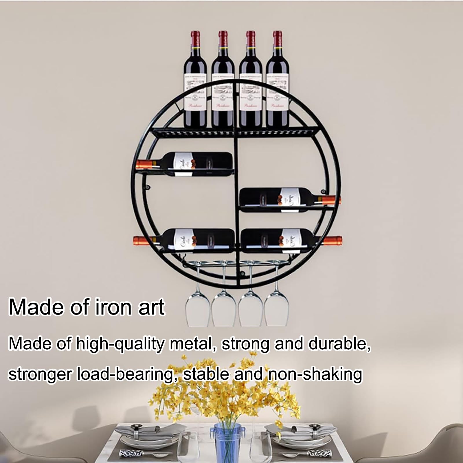Portabottiglie Rotondo A Parete, Portabottiglie In Metallo, Porta Calice Per Bicchiere Da Vino In Metallo Nero E Oro, Organizzatore Moderno Per Bottiglie Di Vino Galleggiante, Accessori Per Vino E Bar