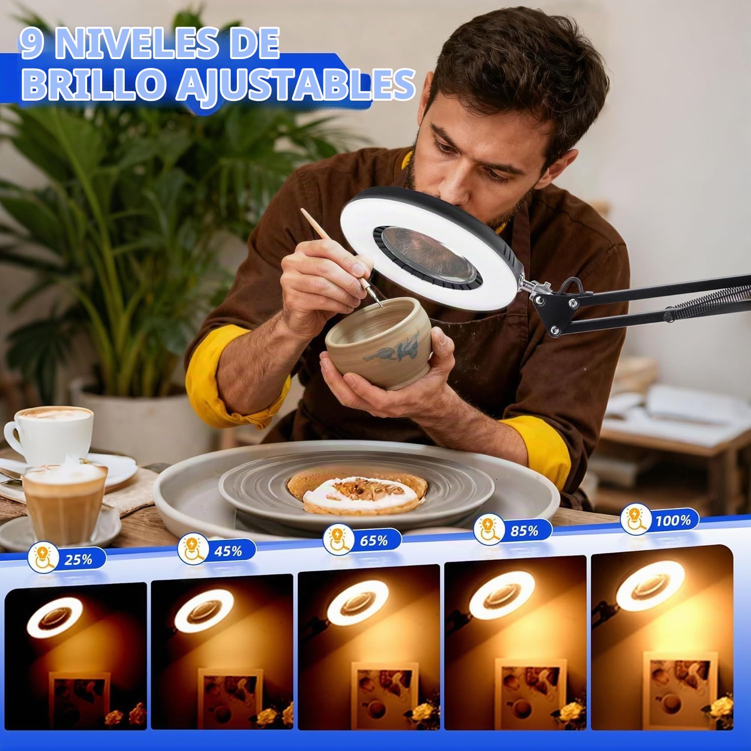 12X Lupa con Luz y Soporte & Brazos Articulados, Adaptador 2A incluido, 5 Modos de Color 9 Brillo, Lupa de Trabajo Luz LED para Trabajos de Precision Modelismo Pintura de Miniaturas Lectura, Negro