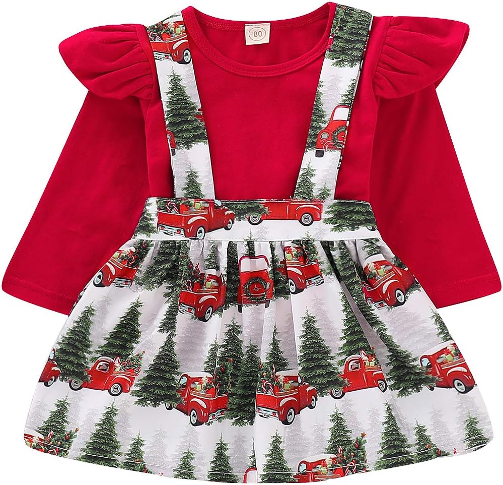Baby Girls Suspender Skirt Set Ruffle Long Sleeve Tops + Christmas Tree Skirt Outfit (Red, 6-12m)
