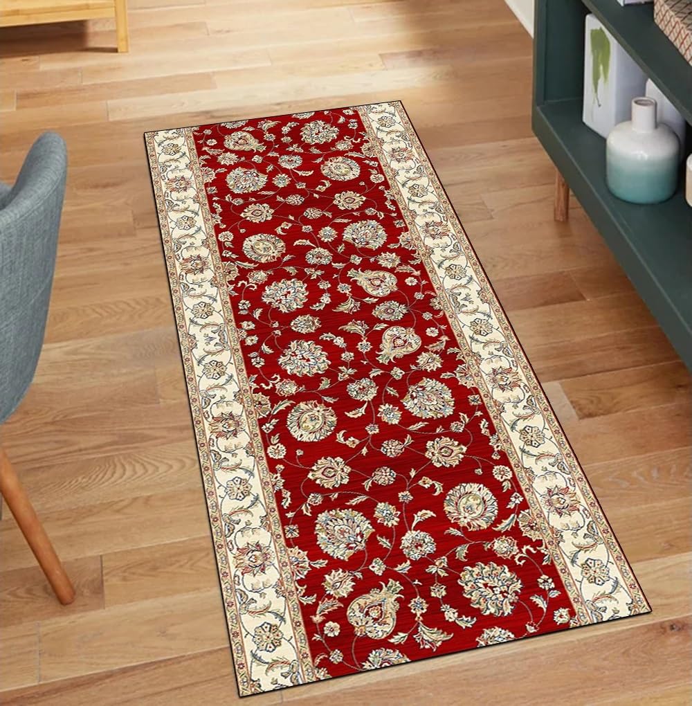 Tapis de couloir antidérapant rouge vintage 60 x 750 cm pour décoration de maison