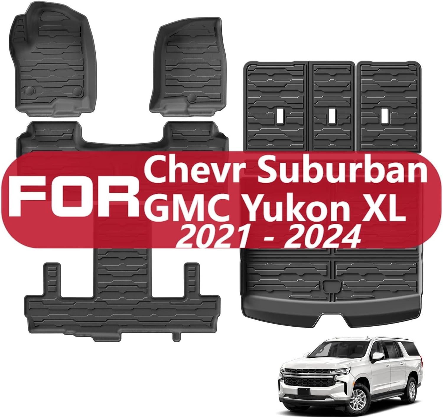 Compatible with Suburban/GMC Yukon XL 7 Seats 2021-2024 TPE 3D Car Floor Mats Cargo Liner Trunk Pad Left Hand Drive(LHD 5P)