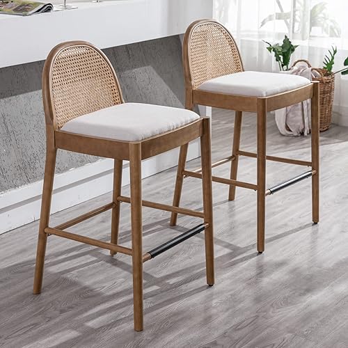 Miniatura 7 de LukeAlon Juego de 2 taburetes de bar modernos de sherpa, de 26 pulgadas de altura de asiento, con patas de madera, caña de ratán natural, sillas de