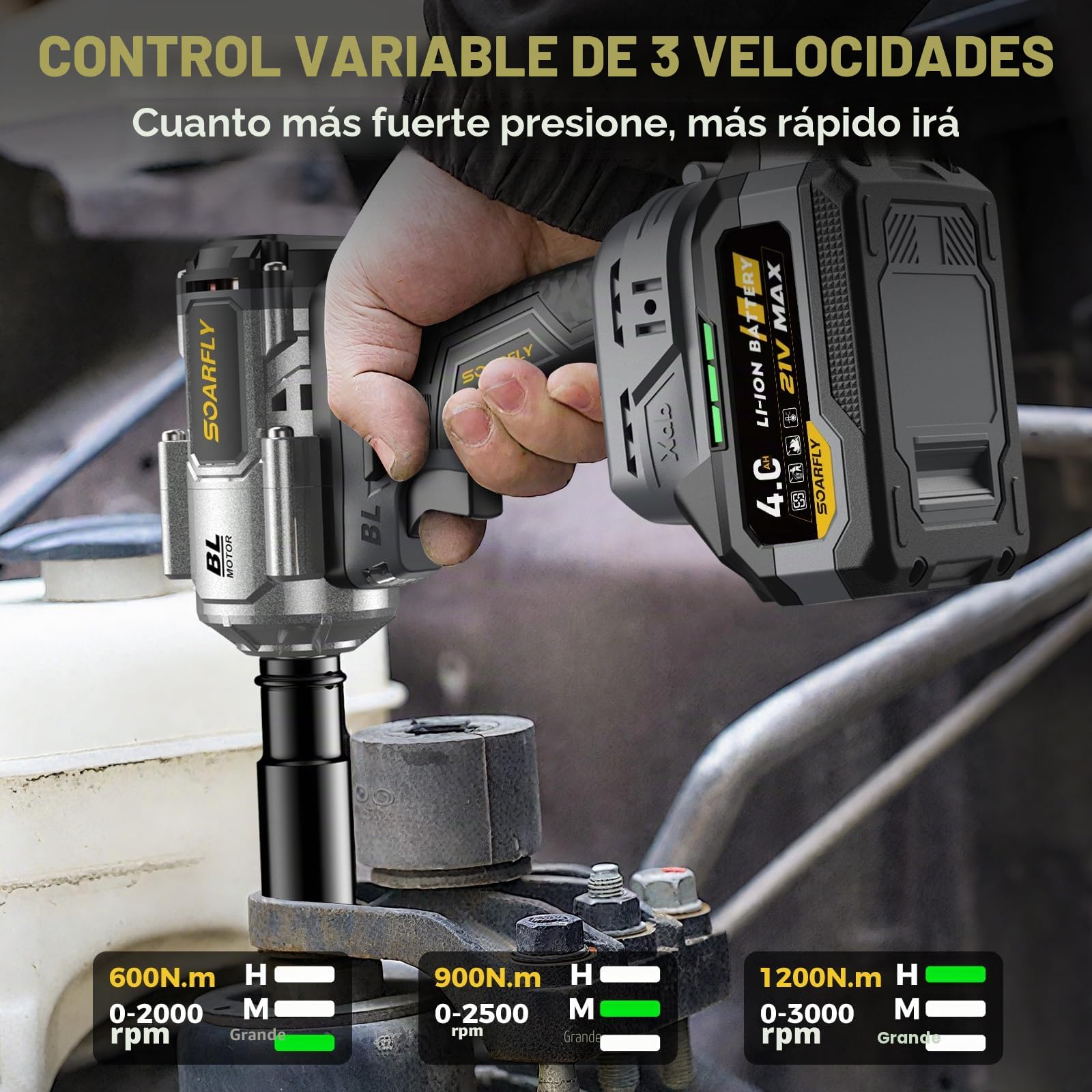 SoarFly Pistola de impacto bateria 1200 Nm, llave de impacto a bateria profesional, 21V 4.0Ah×2 baterías, 3 velocidades ajustables, luz LED, kit taller completo