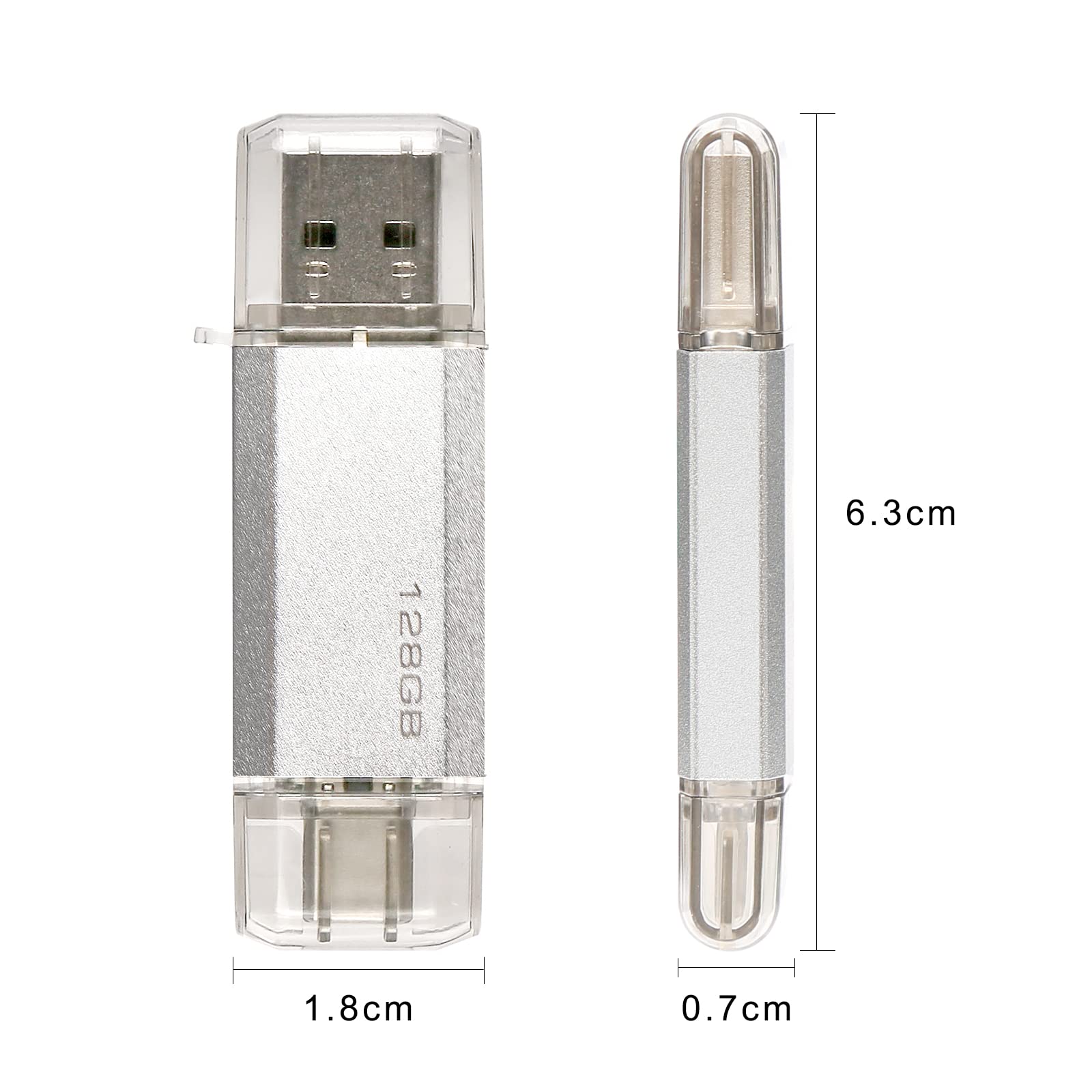 Clé USB C 128GB 2-en-1 Dual Connector OTG Type C Metal Flash Argent
