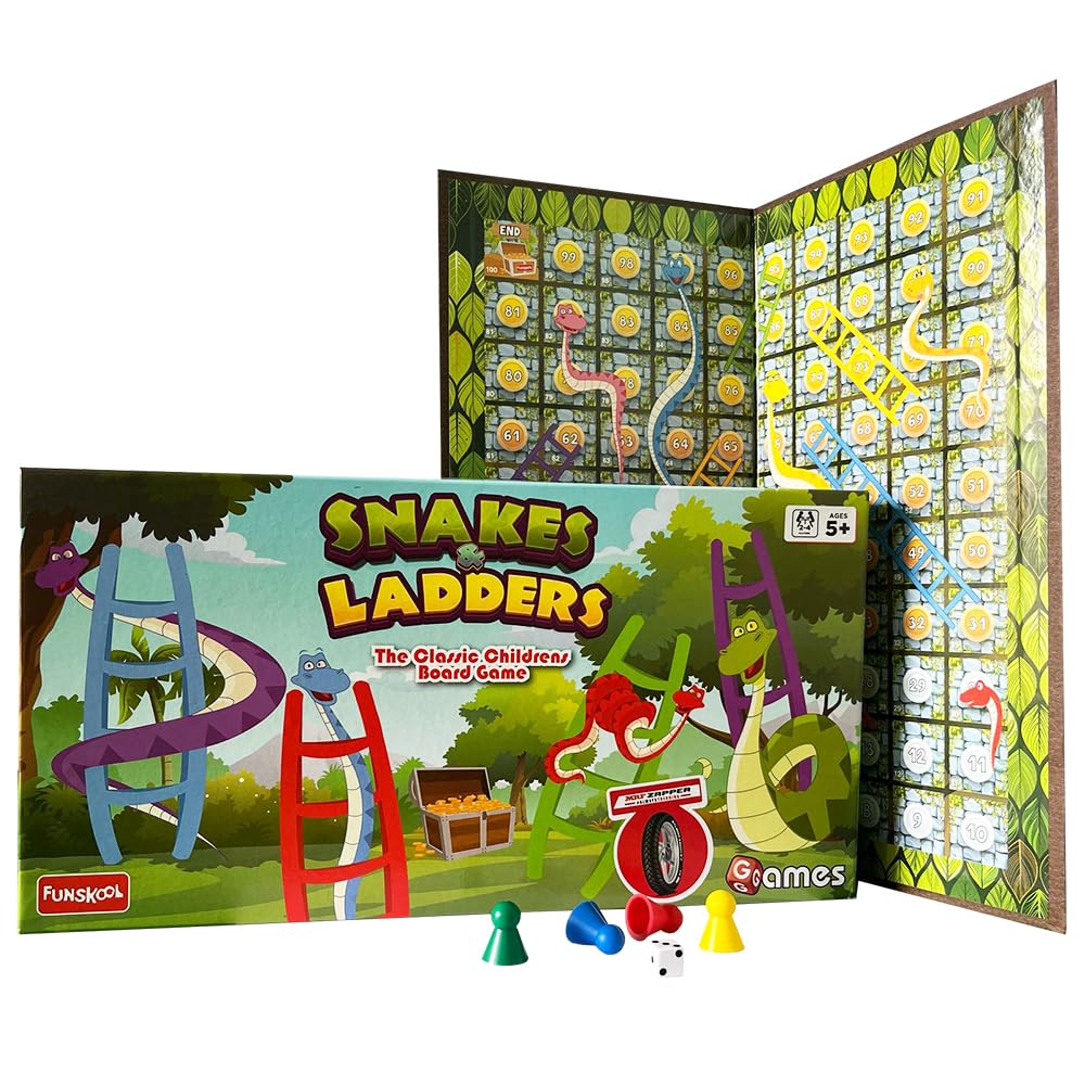 Snakes & Ladders Classic Board Game for Kids & Family, 2-4 Players, Ages 5+, Durable Paper & Plastic Material, Teaches Motor Skills & Number Sequence,
