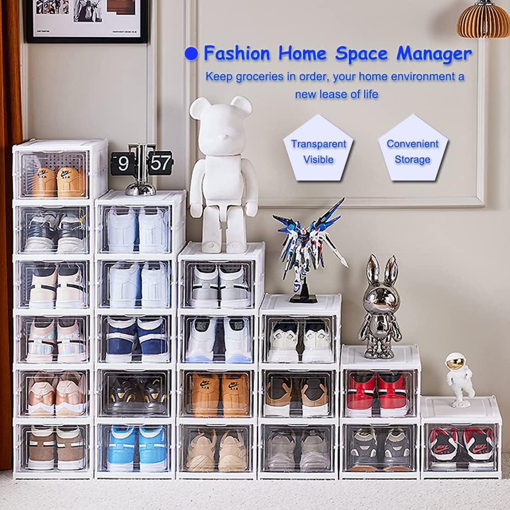 Shoe Rack Shoe Storage Box Bins Clear Collapsible Plastic Installation-Free Size up to 14, Stackable Foldable Tote with Lids Organizing Dustproof 6-Tiers