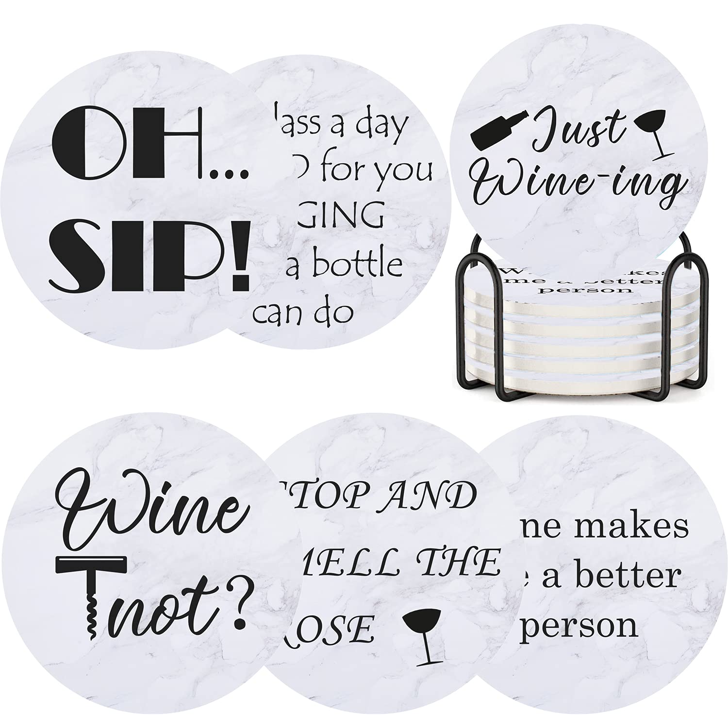 Funny Ceramic Coasters for Drinks with Holder,Absorb Marble Coasters with Cork Base 6 Pack,Housewarming Gift for Friends