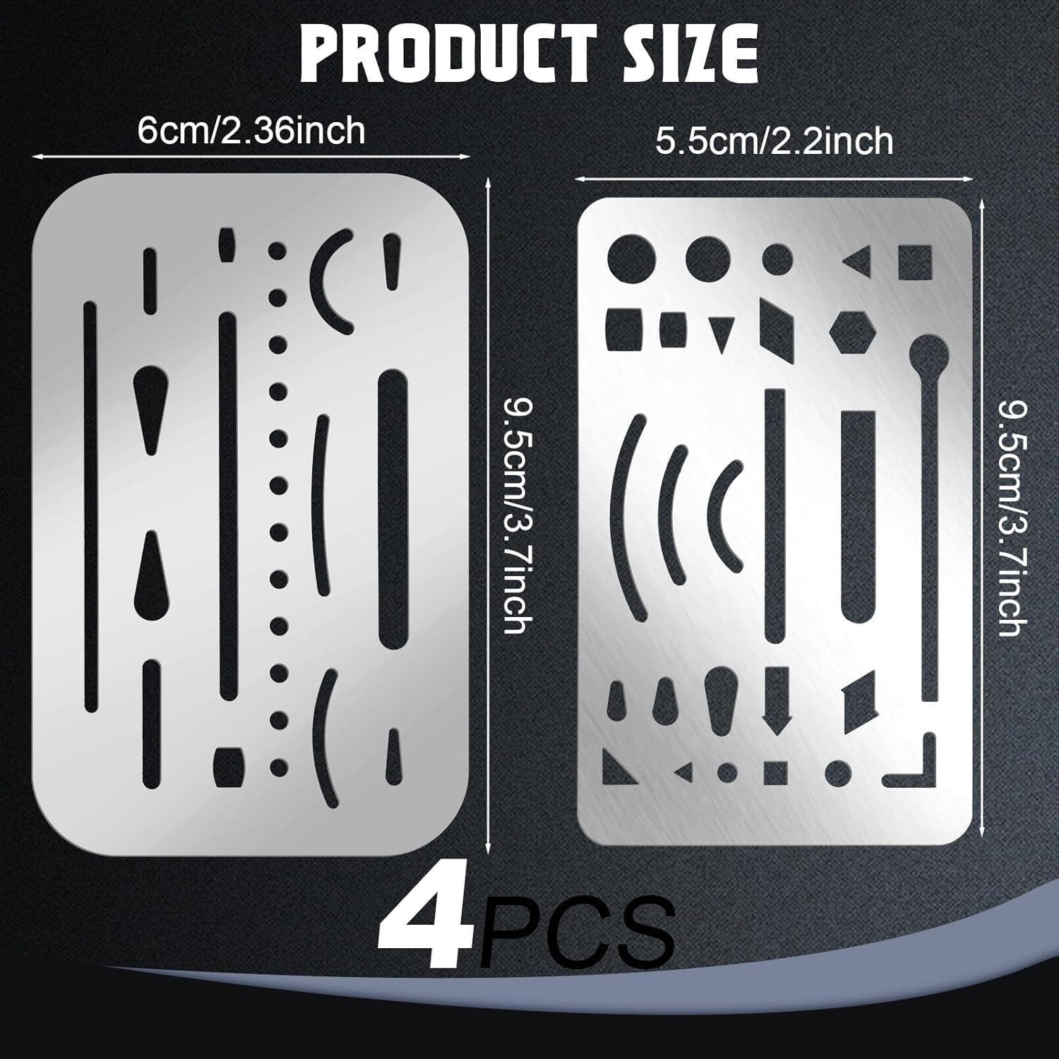 4 pezzi 27 e 26 schemi di gomma in acciaio inox per cancellare modelli durevoli strumenti da disegno versatili per cancellare strumenti di disegno ingegneristico (argento)