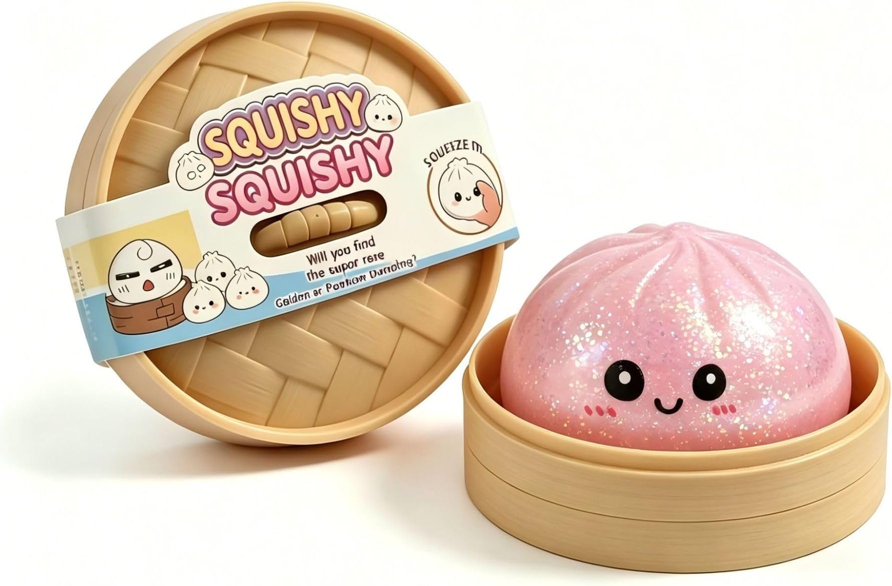 ミステリー餃子スクイーズボックス - 11色（色指定は備考欄に記入） - 蒸しパンスクイーズおもちゃ、中華まん、小籠包、パン付き蒸し籠、耐久性のあるスローバウンド蒸しパン、弾力のあるサプライズトイ、感覚玩具、スクイーズ、ギフト (2,ピンクラメ)