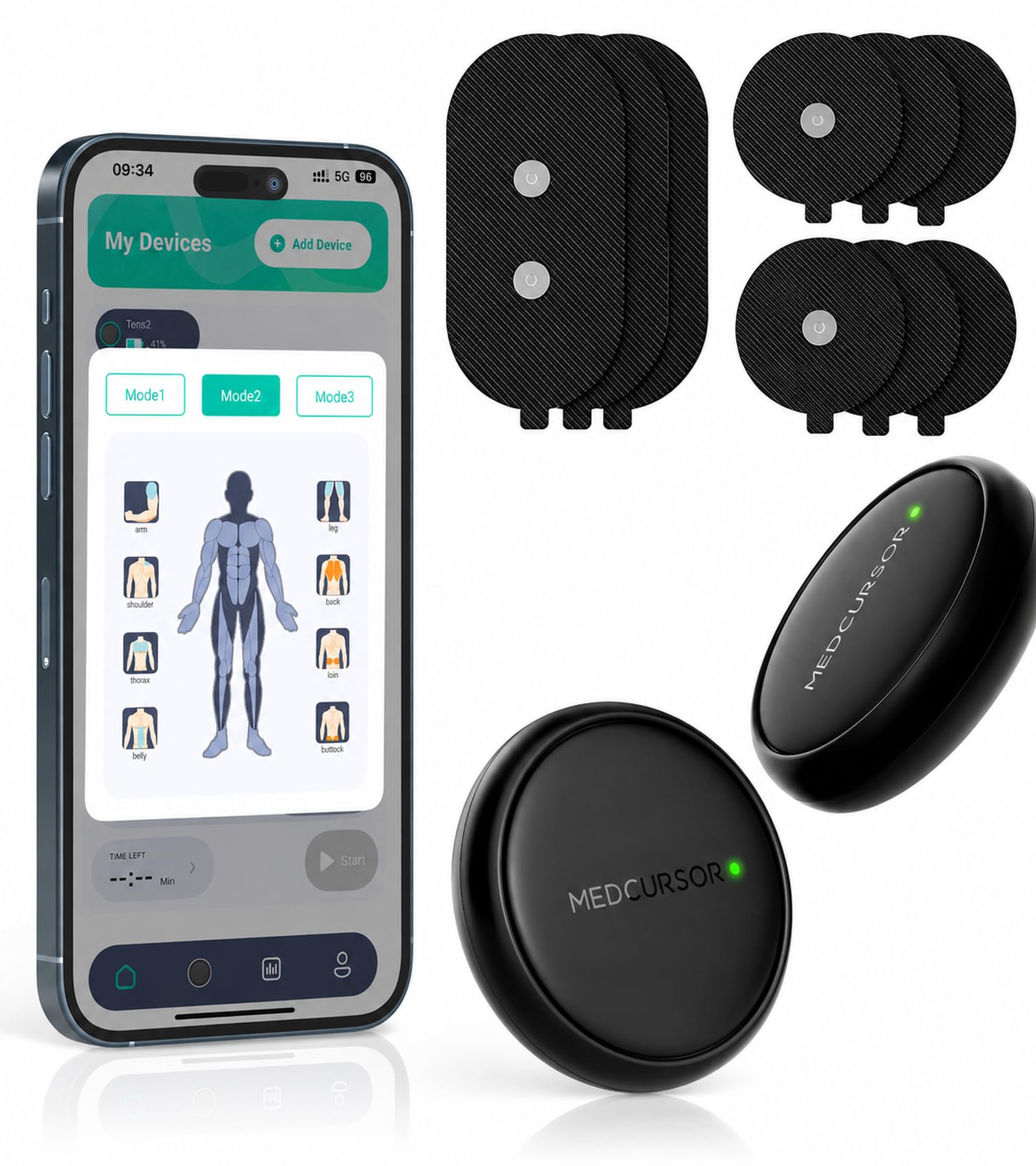 Medcursor Stimolatore muscolare con unità TENS - Apparecchio EMS wireless 3 in 1 a doppio canale con app e memoria, 25 livelli di intensità, 8 zone di trattamento, per alleviare i dolori alla schiena