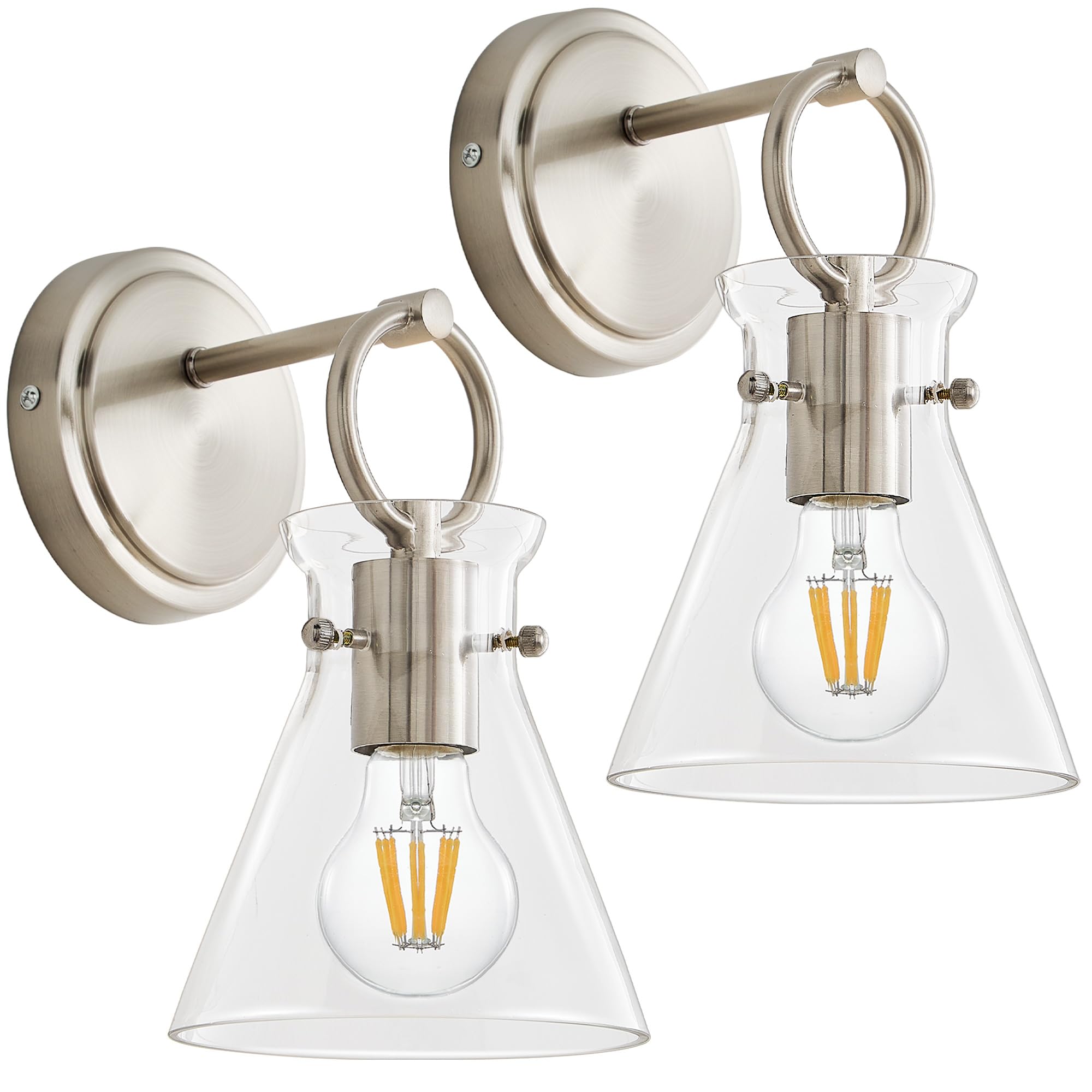 Paquete de 2 apliques de pared modernos para baño, lámpara de iluminación de montaje en pared de níquel cableada con pantalla de vidrio transparente de 6 pulgadas para dormitorio, sala de 9