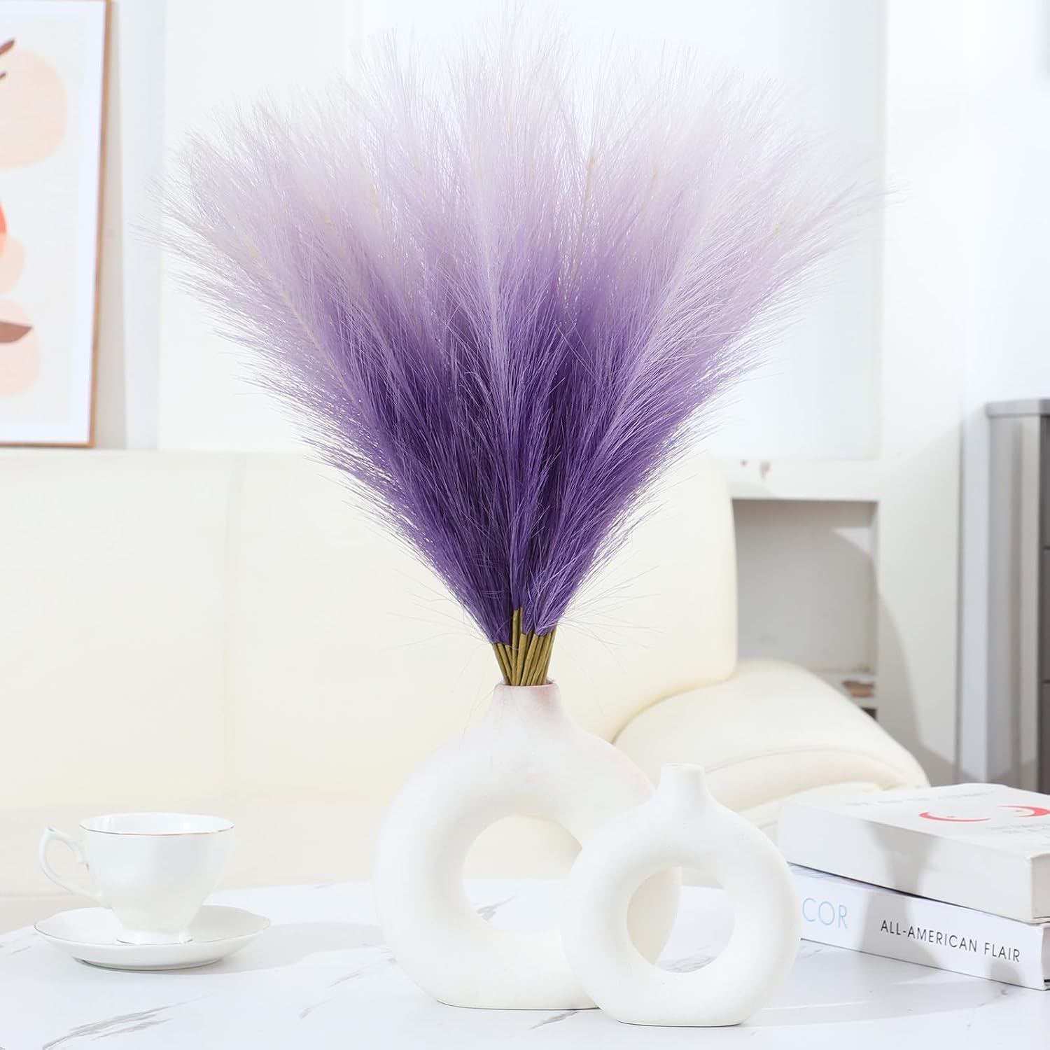 Ureymx Faux Pampas Grass Decor 17.7 Inch 30pcs, Pompas Grass Flower Arrangement and Vase Filler Artificial Pampas Grass Short Decor for Boho Home Wedding Decoration (Gradient Purple) image 3
