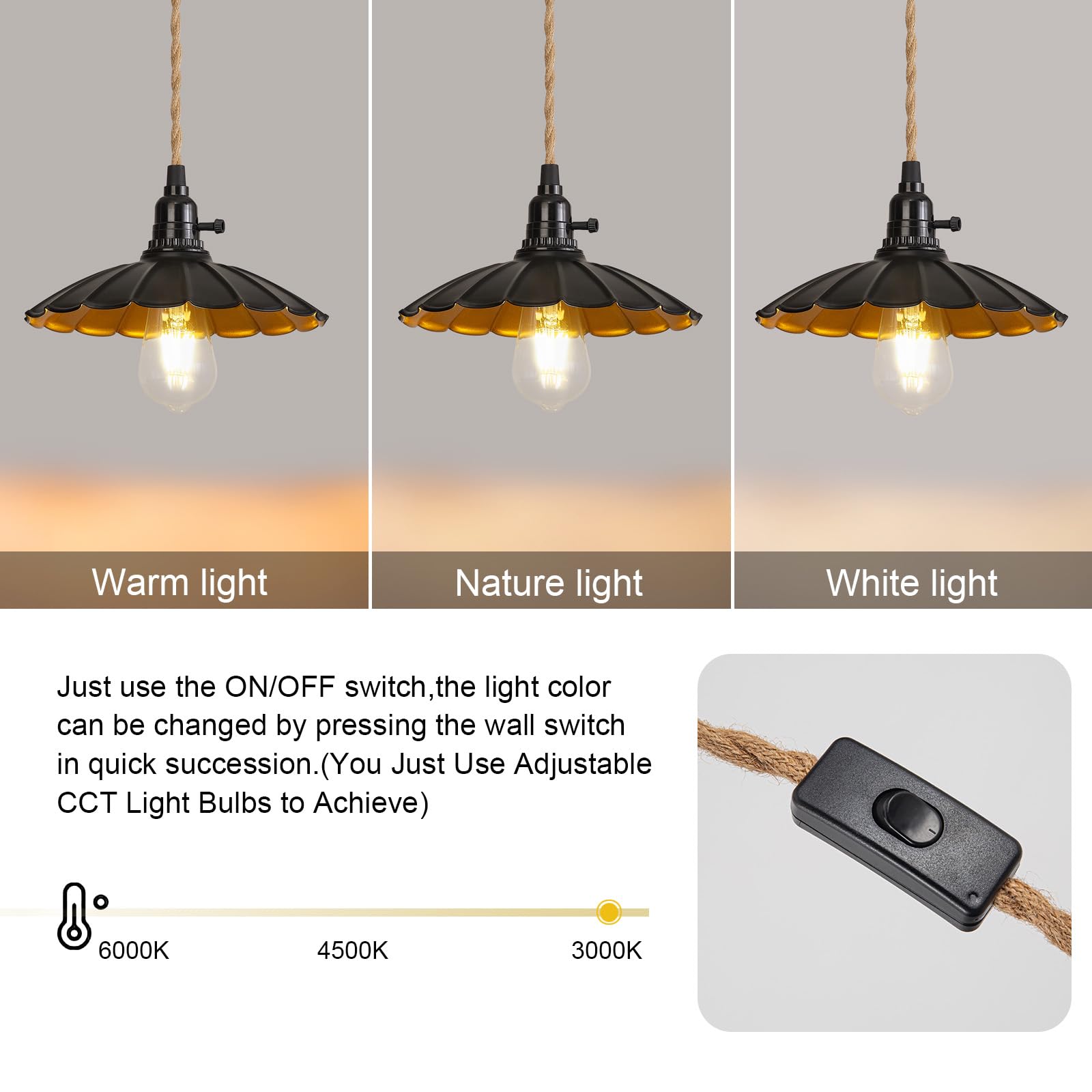 ALAISLYC 3-Light Plug in Pendant Light Fixtures Chandelier with Switch 22FT Industrial Ceiling Hanging Lamp Cord Farmhouse Cable DIY Including DIY Lotus lampshade