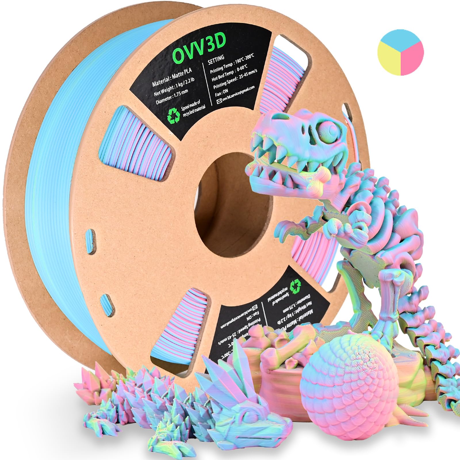 OVV3D PLA Filament 1.75mm, Matte PLA Tri-Color Rainbow PLA Filament 3D Printer Filament, Macaron 3D Printing Filament Pink Yellow Blue