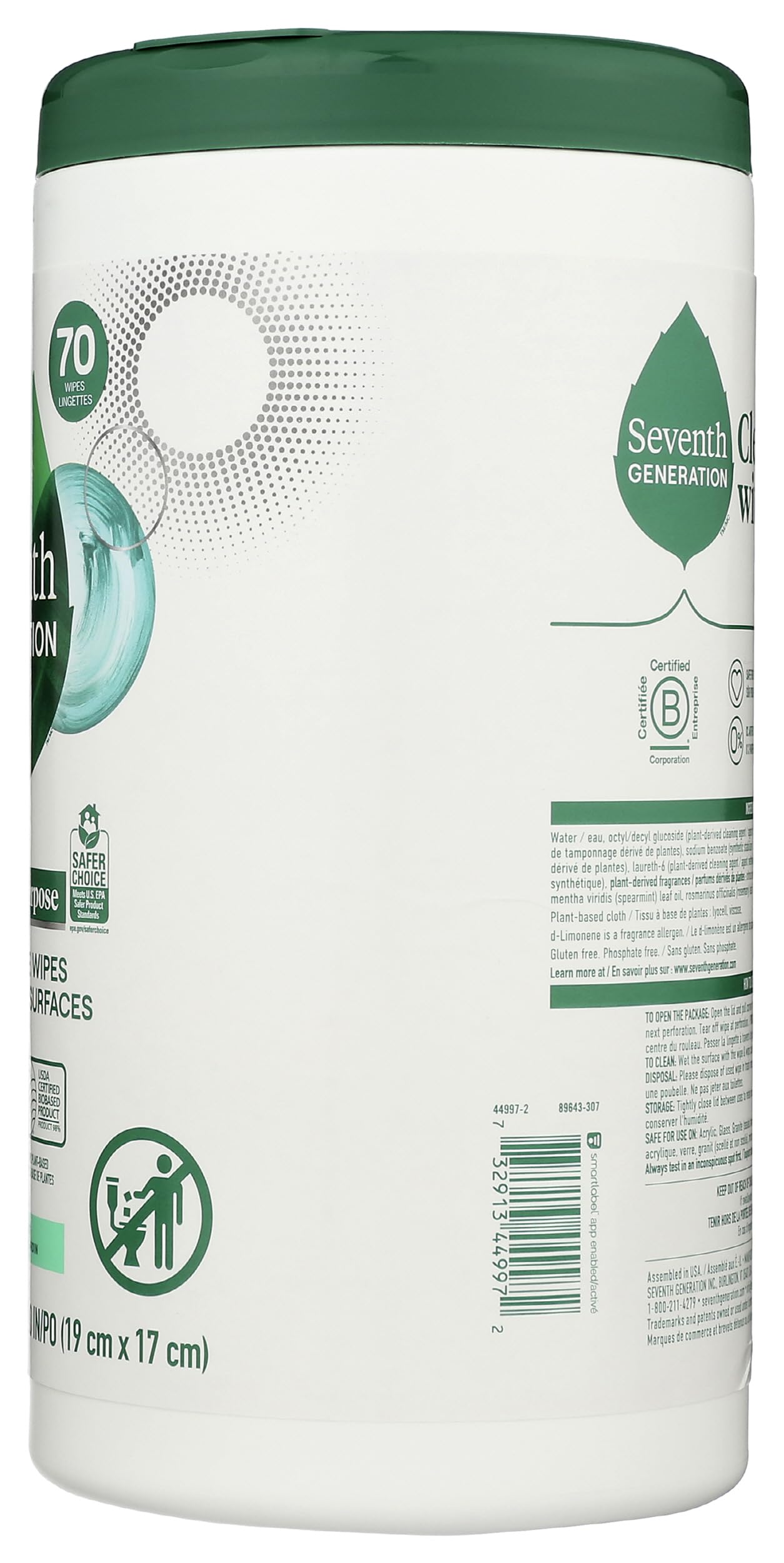 Seventh Generation Multi-Surface Wipes, Garden Mint Scented, 70