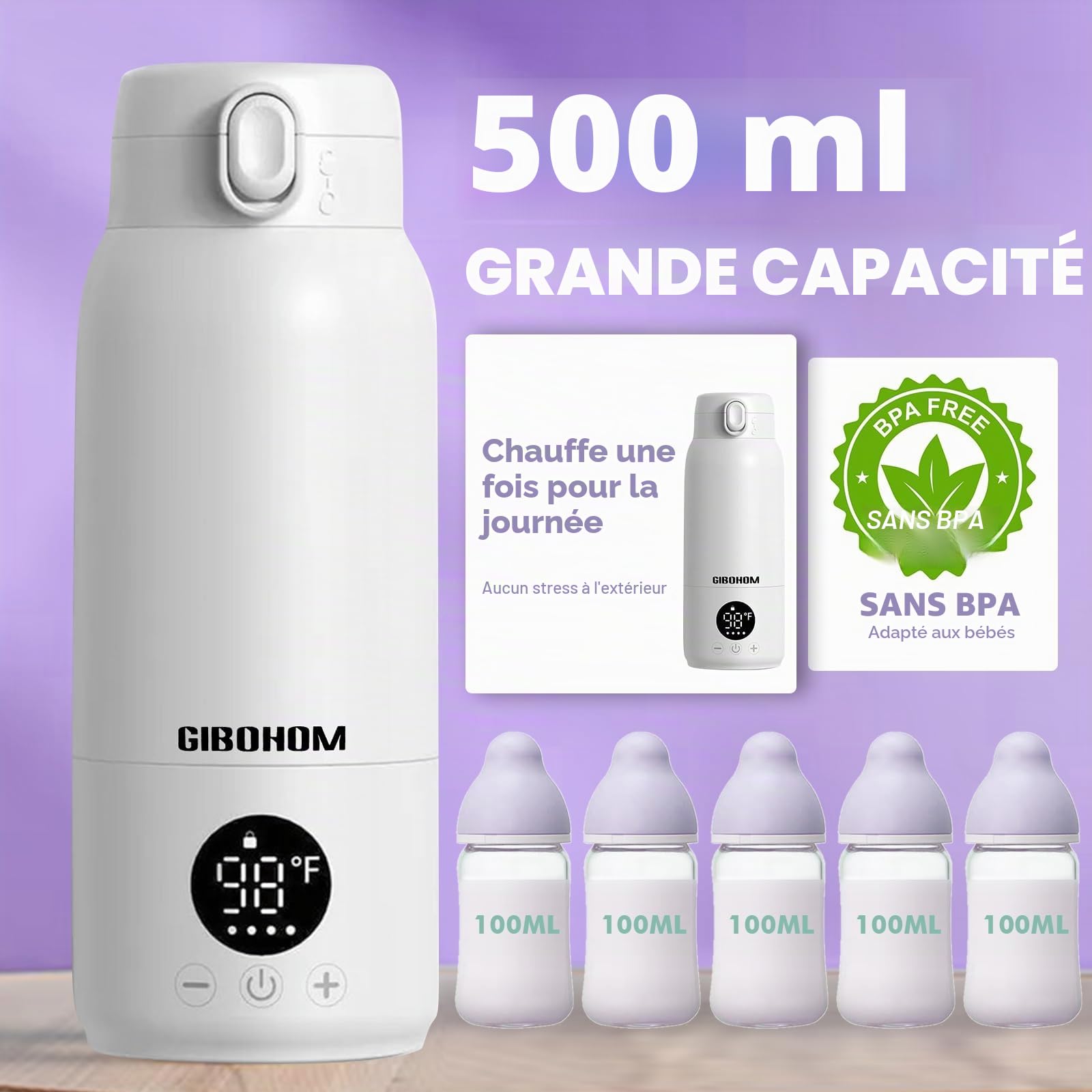Chauffe Biberon Nomade de 500ml Grande Capacité, Chauffage Rapide Chauffe Biberon Portable Sans Fil, Charge rapide Chauffe Biberon Voiture et USB Type-C Câble, pour Maison, Voyages
