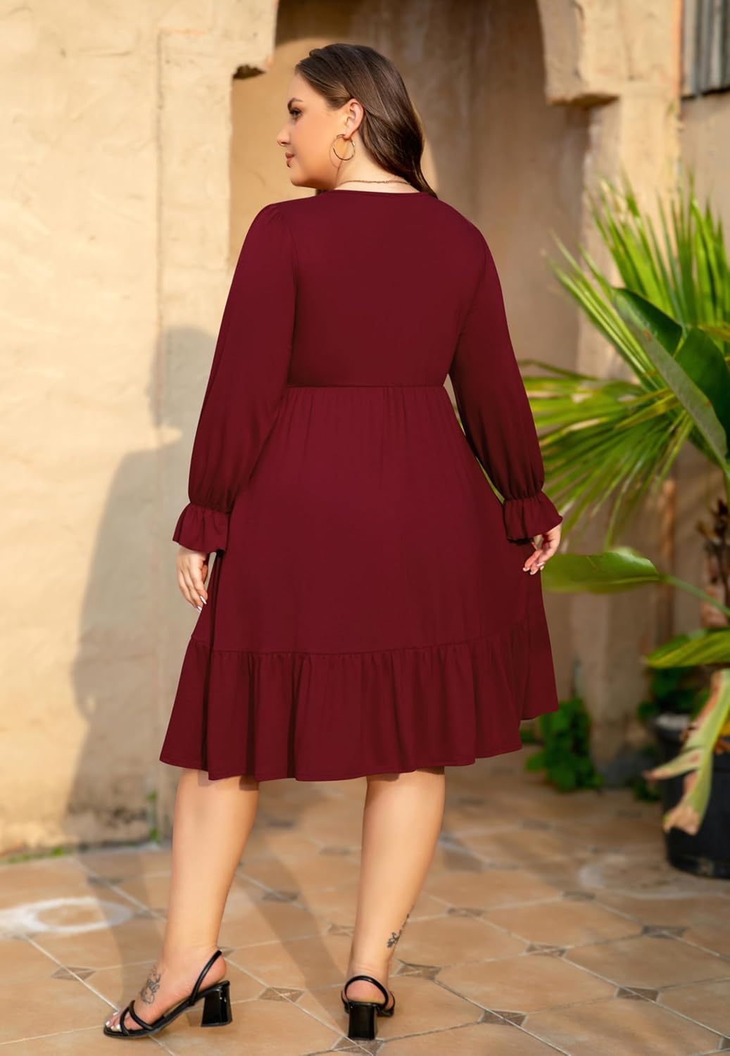 Women's Plus Size Dress Casual Long Sleeve V Neck Twist Knot Front Flowy Dress - Image 3