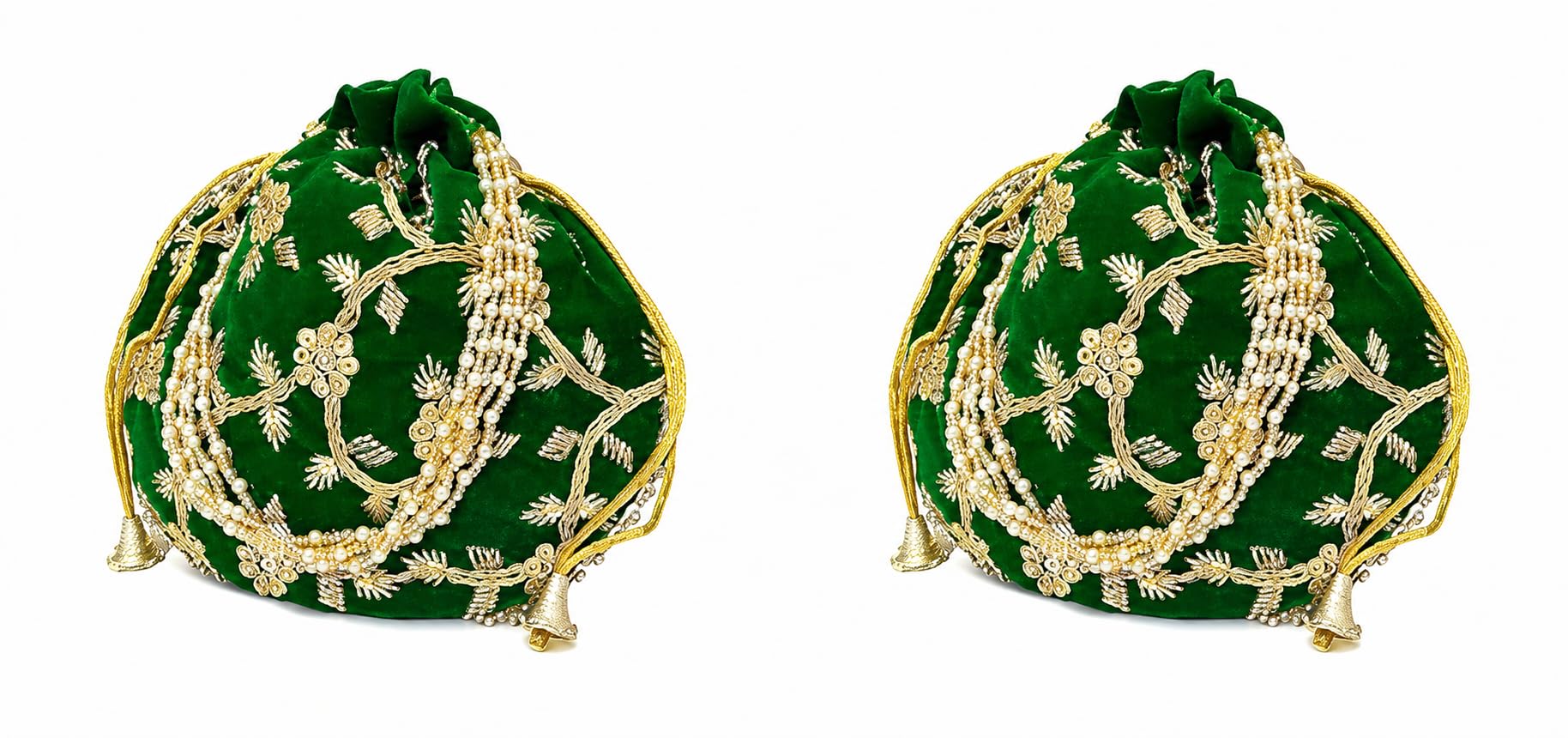 JDDCART Wedding Potli Combo Set of 2 Made of Velvet Feel Fabric for Women Leaf Green, Golden - Handbag-picture-16