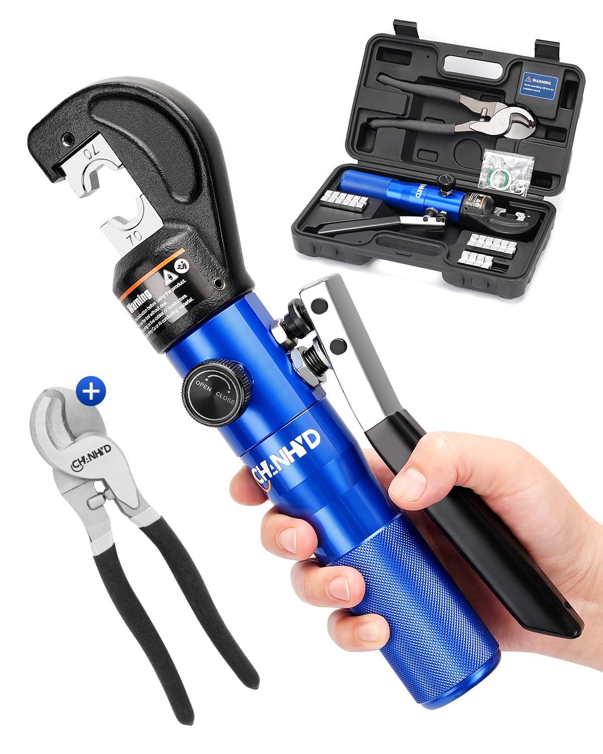 CHANHYD Hydraulic Crimping Tool ndustrial Hydraulic Cable Lug Crimper TH0005 V2.0 (11 US TON) 10 AWG to 600 MCM Electrical Terminal Cable Wire Tool Kit with 32 Die Sets (Crimper with cutter)