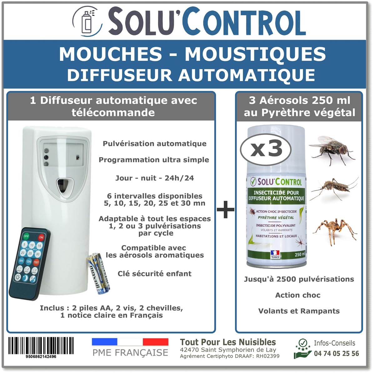 Kit Diffuseur Automatique avec Télécommande + 3 Aérosols Insecticide au Pyrèthre Végétal 250 ml - Anti-Mouches & Anti-Moustiques - Action Choc pour Volants et Rampants