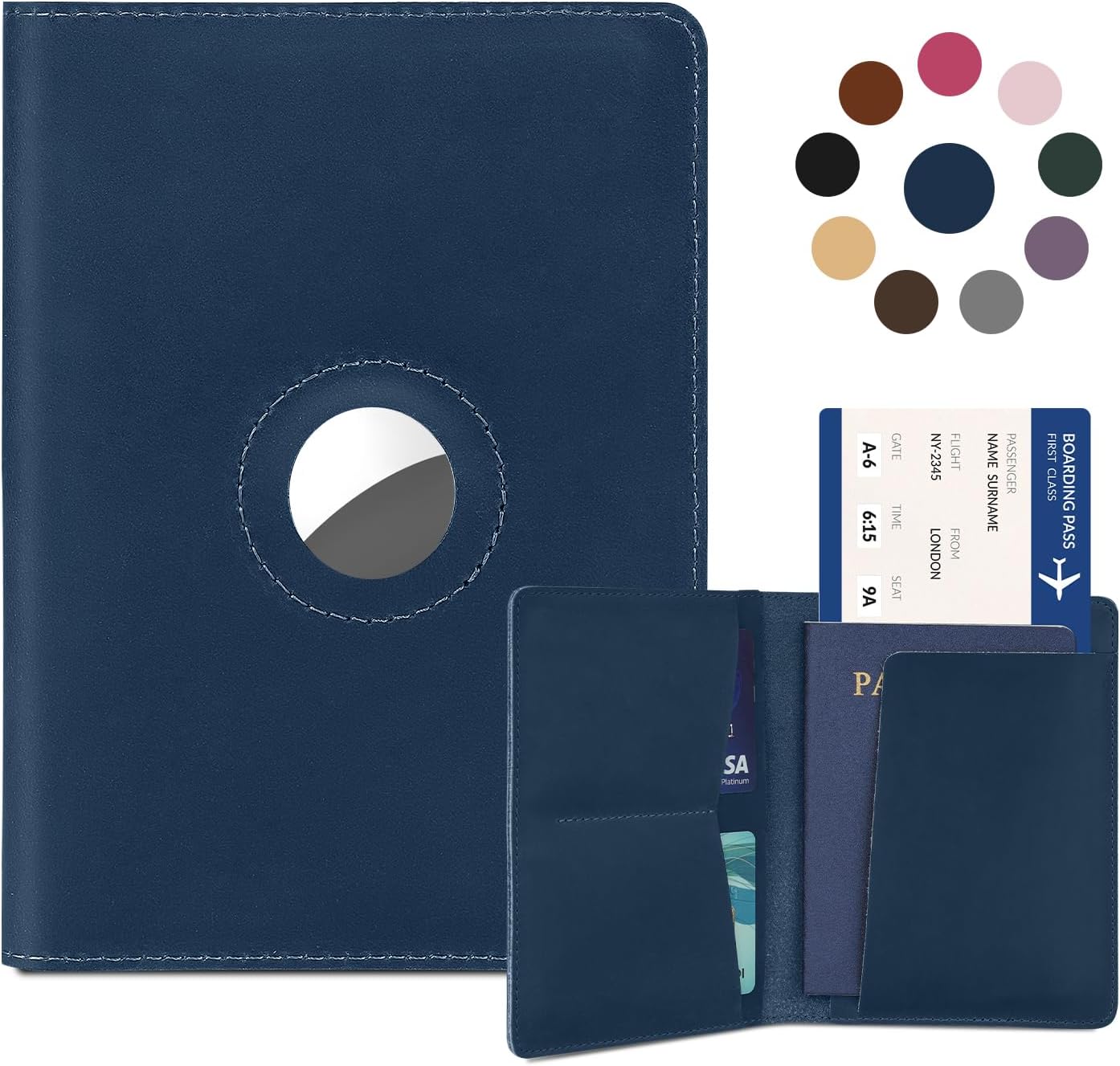 Airtag Passport Holder for Women Men Travel, Real Leather Passport Wallet, Handmade Passport Cover Case with Airtag Slot, Travel Must Haves Essentials Accessories Birthday Gifts (Crazy Horse, Blue)