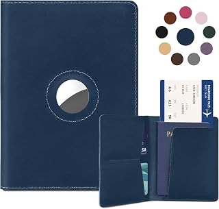 Airtag Passport Holder for Women Men Travel, Real Leather Passport Wallet, Handmade Passport Cover Case with Airtag Slot, Travel Must Haves Essentials Accessories Birthday Gifts (Crazy Horse, Blue)