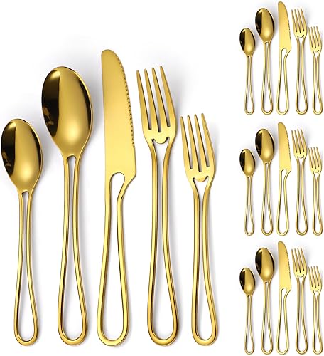 A  HOUSEWARE Gold Hanging Flatware Set 4 Hollow Handle Stainless Steel Silverware 20 Pieces Forks Spoons and Knives Durable Safe Dishwasher