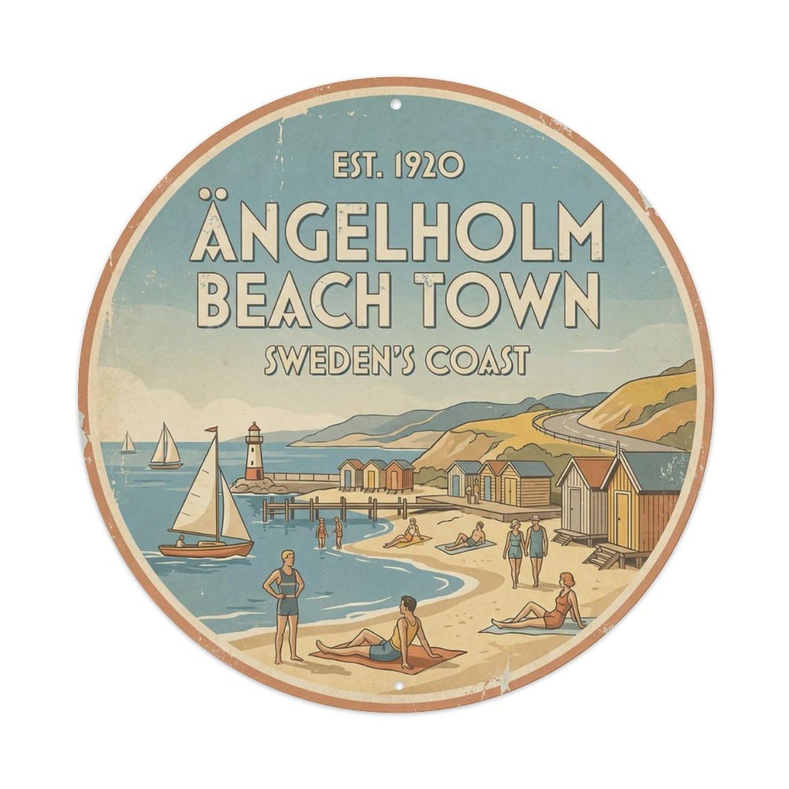 Okahys 8X8inch(20X20cm) Vintage Travel Angelholm Sweden Coastal Charm Metal Tin Sign