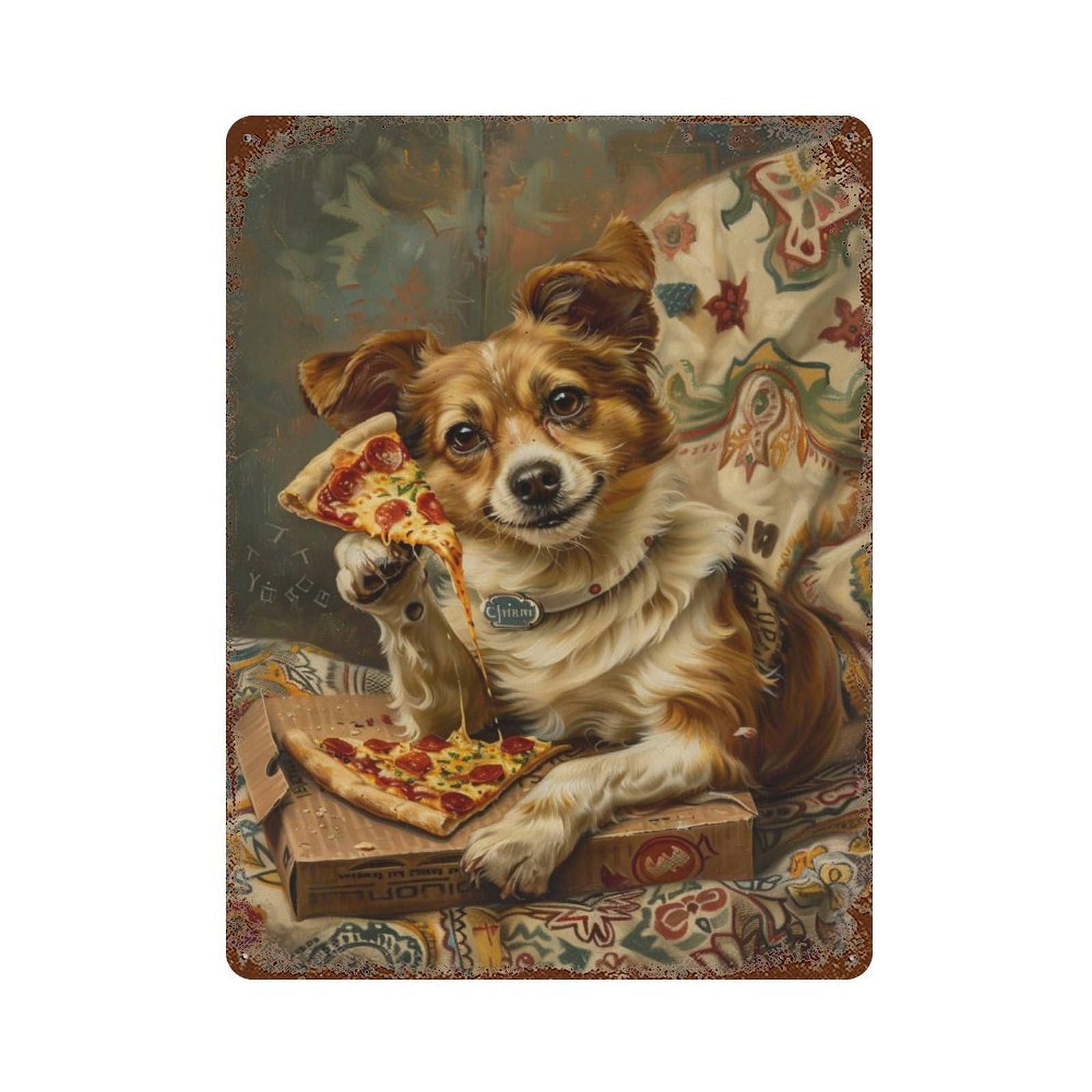 Rustic Tin Plaque Dog Eating Pizza on Couch 15.7"x11.8", Retro Wall Decor for Shed, Workshop And Garage Wall Decor