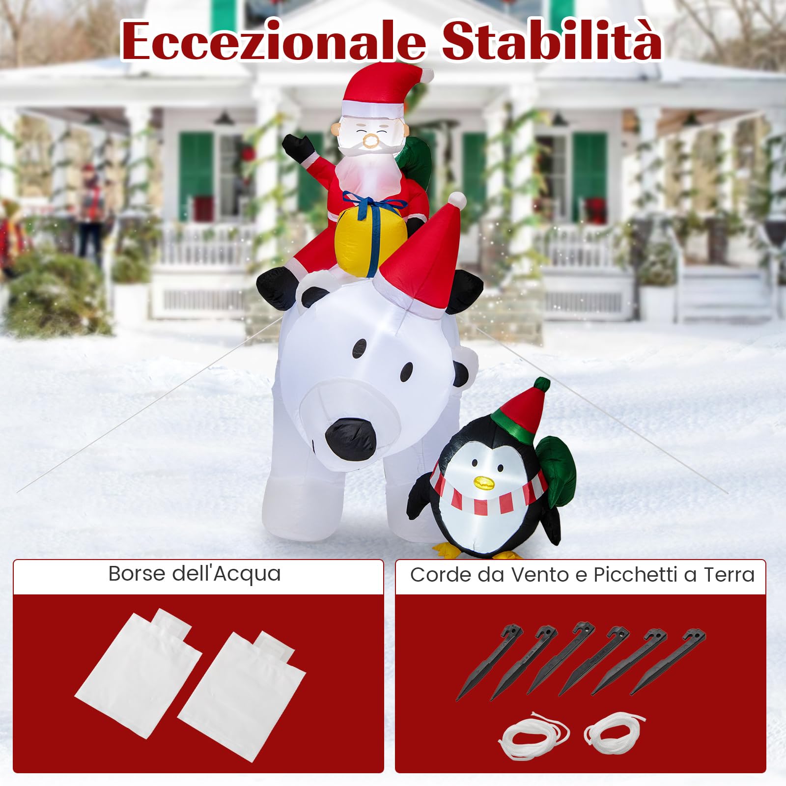 COSTWAY Decorazione Gonfiabile di Natale 210 CM, Babbo Natale Gonfiabile che Cavalca Orso Con Illuminata a LED, Funzione di Scuotimento della Testa, per Prato, Giardino e Cortile