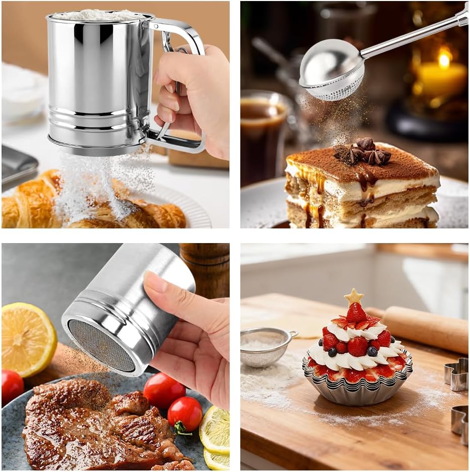Flour Sifter Set, 4‑in‑1 Stainless Steel Double Layer Fine Mesh Sifter