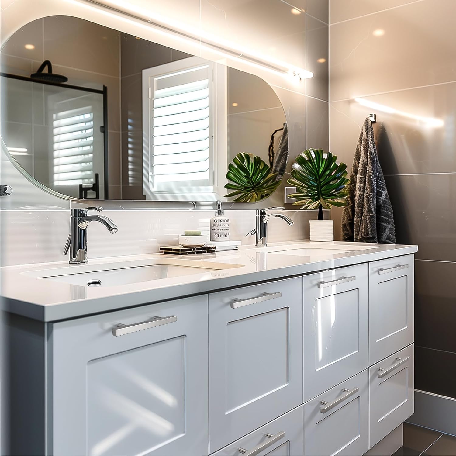 KNOBWELL Square Body Round Feet 60 Pack 90mm(3-1/2") Hole Center Square Kitchen Cabinet Handles Brushed Nickel Cabinet Pulls, Silver Drawer Pulls Dresser Pulls for Cupboard Closet Stainless Steel