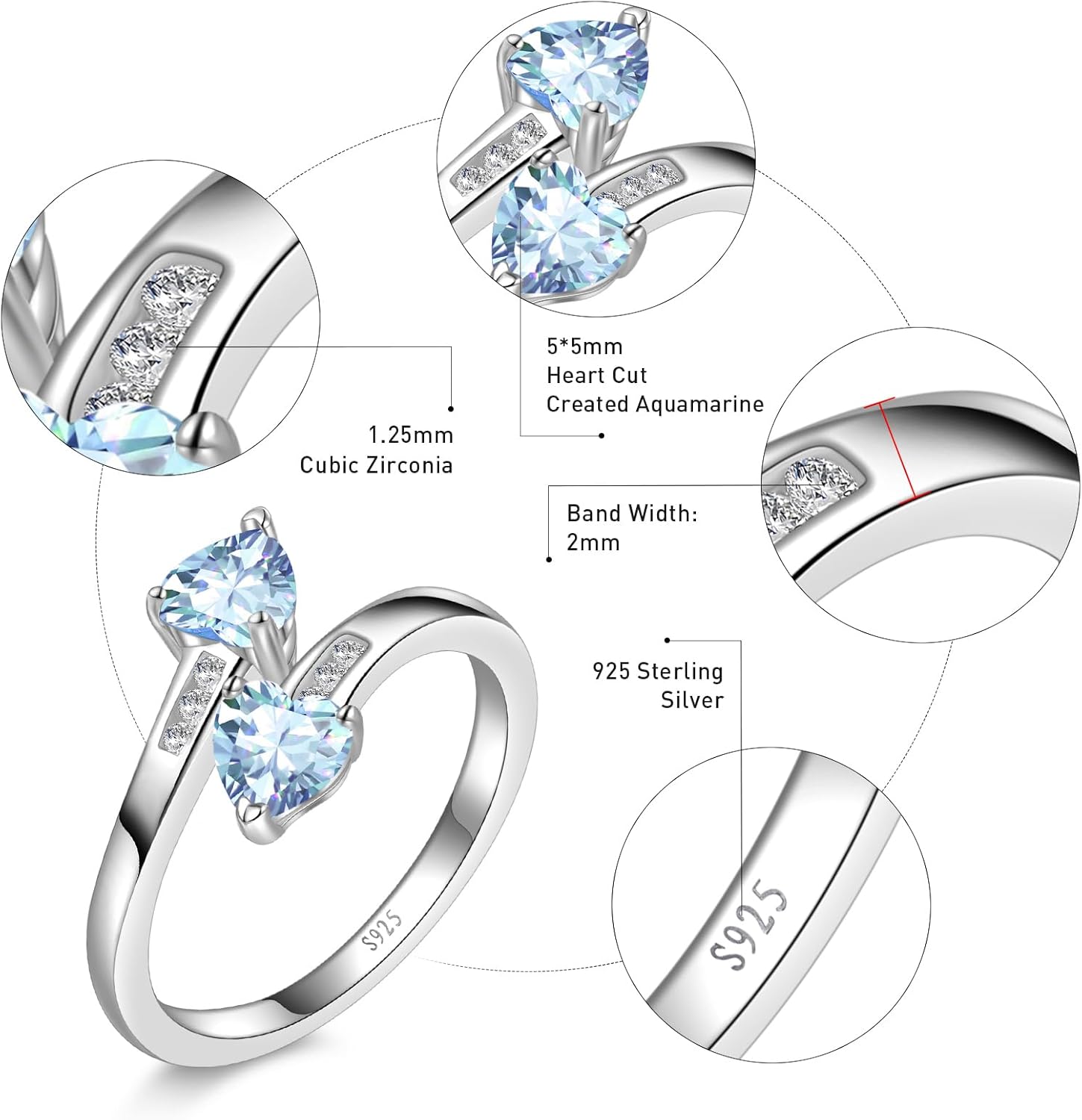 1CT Adjustable Women Heart Ring 925 Sterling Silver Birthstone Rings for Women Promise Ring for her Simulated Gemstone Statement Stackable Band Width 2mm Open Size 5~9 - Image 4