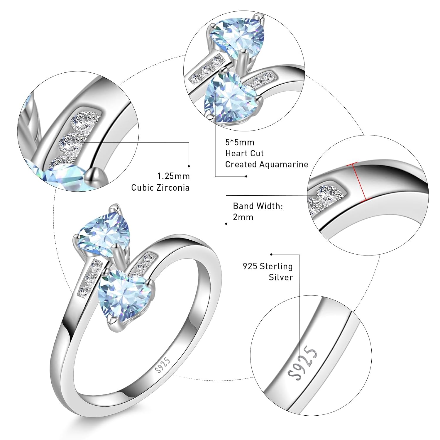 Yaresul 1CT Adjustable Women Heart Ring 925 Sterling Silver Birthstone Rings for Women Promise Ring for her Simulated Gemstone Statement Stackable Band Width 2mm Open Size 5~9 - Image 4