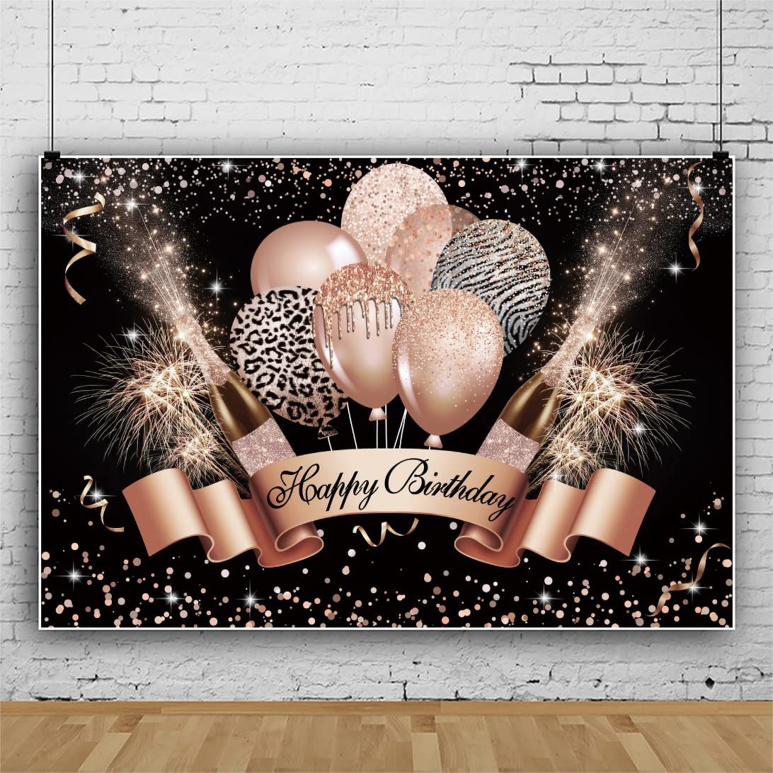 Yeele Happy Birthday Hintergrund für Mädchen und Frauen, 3,6 x 2,4 m, rotgoldener Glitzer, Luftballons, Champagner, Konfetti-Punkte, Geburtstagsparty-Hintergrund für Fotografie, Überraschung