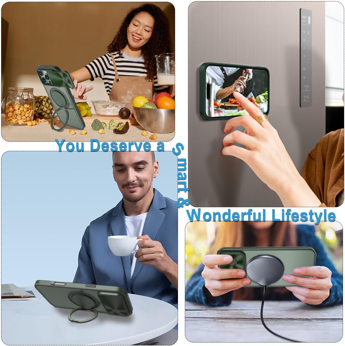 for iPhone 16 Pro MagSafe Case with 360° Rotatable Stand Ring Sliding Camera Lens Cover, with 2 Screen Protectors Ultra Magnetic Matte Silicone Case Cover for iPhone 16 Pro 6.3” (Green)