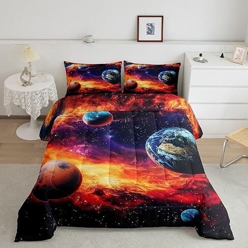 jejeloiu Red Universe Planets Comforter Set Queen Size Kids Solar System Earth B