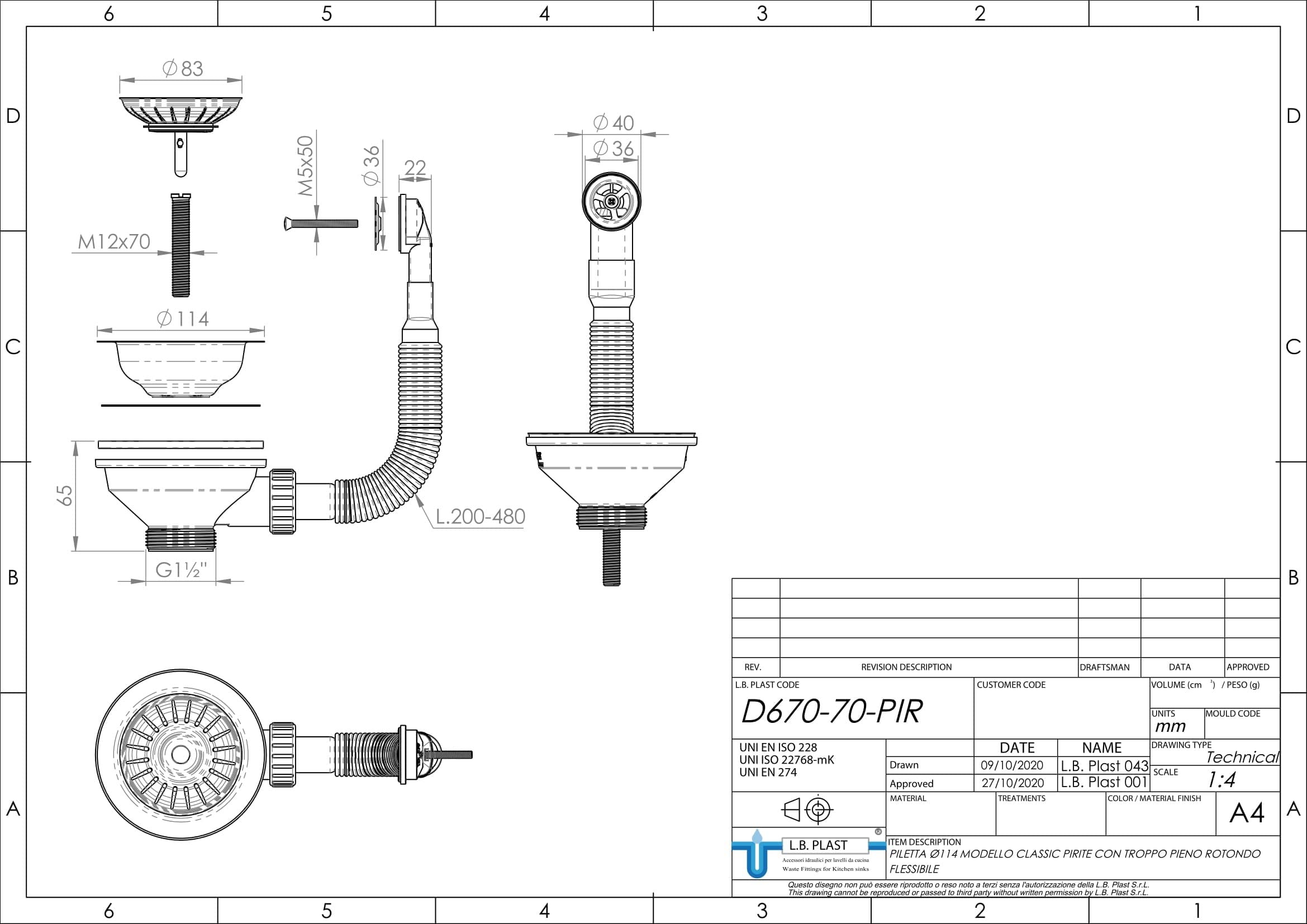 L.B. Plast - Desague Ø114 para fregadero agujero Ø90 con demasiado lleno - D670-70-PIR