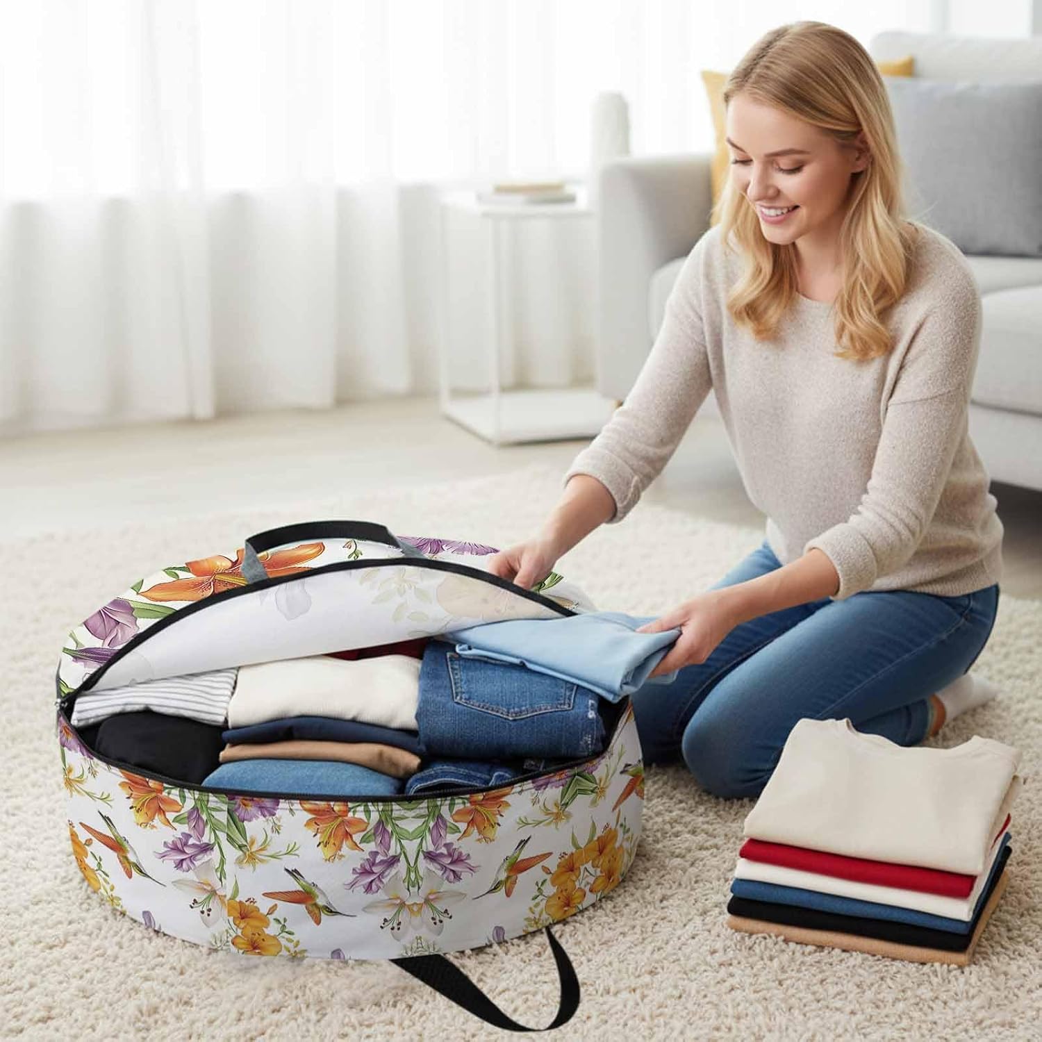 Spring Round Storage Bag 36 Inch, Hummingbird Wildflowers Retro Pastoral Scenery Clothes Storage Container with Handles Heavy Duty Organizer for Comforter, Bedding & Holiday Wreaths