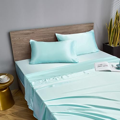 Miniatura 2 de Sábanas de satén de seda, juego de cama de satén de seda con 4 fundas de almohada, sábana bajera de satén, sábana encimera de satén de seda de 15