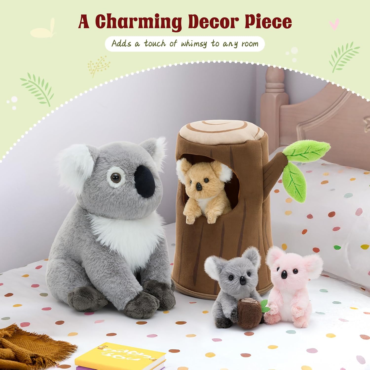 MaoGoLan 5pcs Koala Stuffed Animal, 11.8 Inch Large Mommy Stuffed Koala Plush with 3 Babies & Treehouse, Cute Realistic Stuffed Animals, Gift for Kids Boys Girls