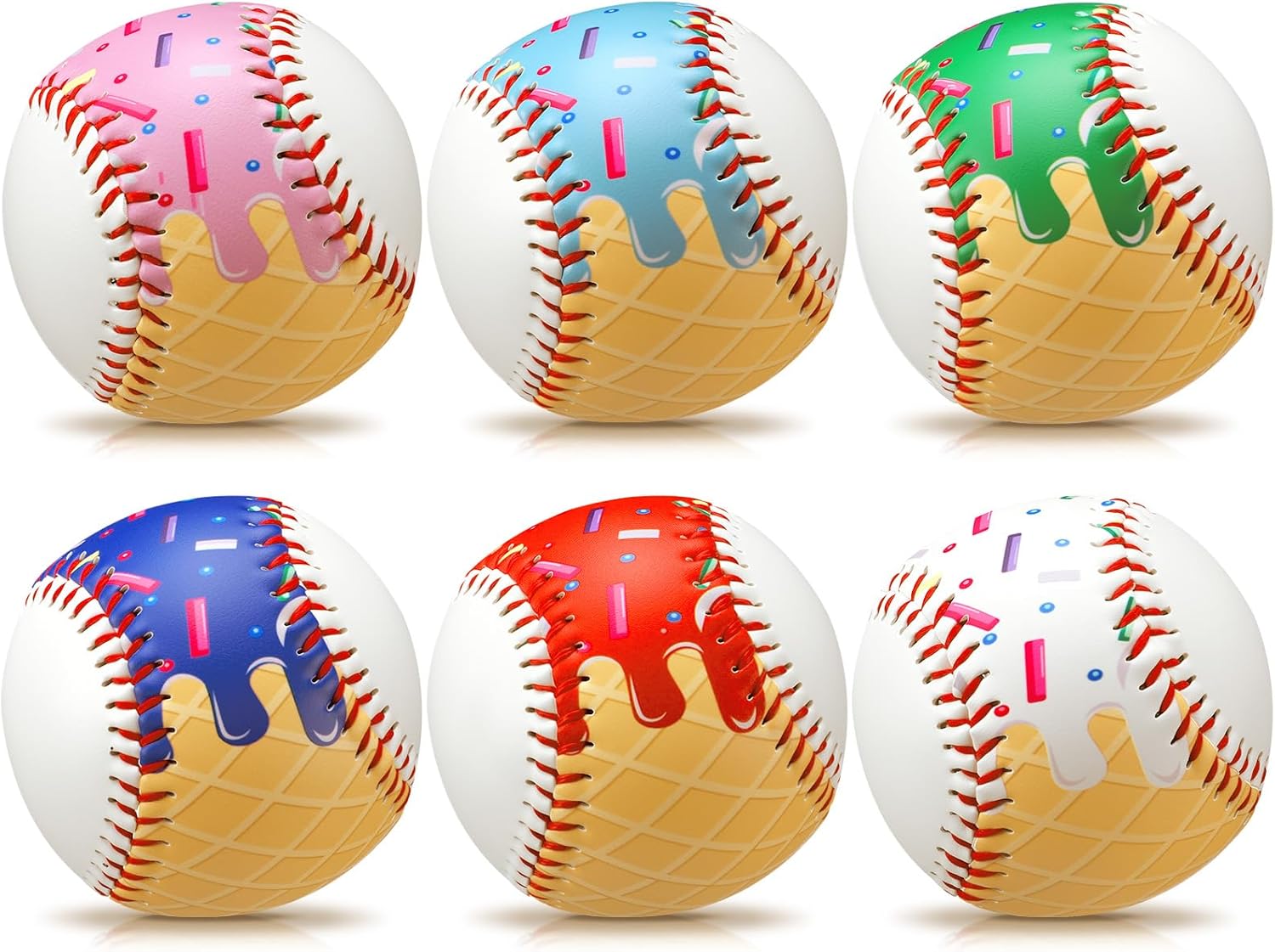 6 Pack Ice Cream Drip Theme Baseball Ball 9 Inch Themed Gift Lifestyle Standard Size Leather Covered for Practice Training Hitting School League Game Tournament Graduate for Youth Adult