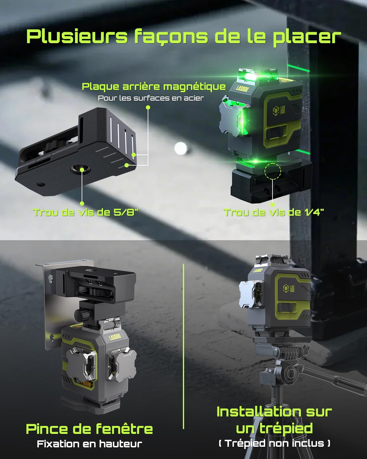 LasGoo LG-4D 16 Faisceau Vert 4x360° Niveau Laser, Auto-Nivelant avec Disposition Horizontale et Verticale, Idéal pour la Construction et la Pose de Cadres, Support Pivotant Magnétique Inclus