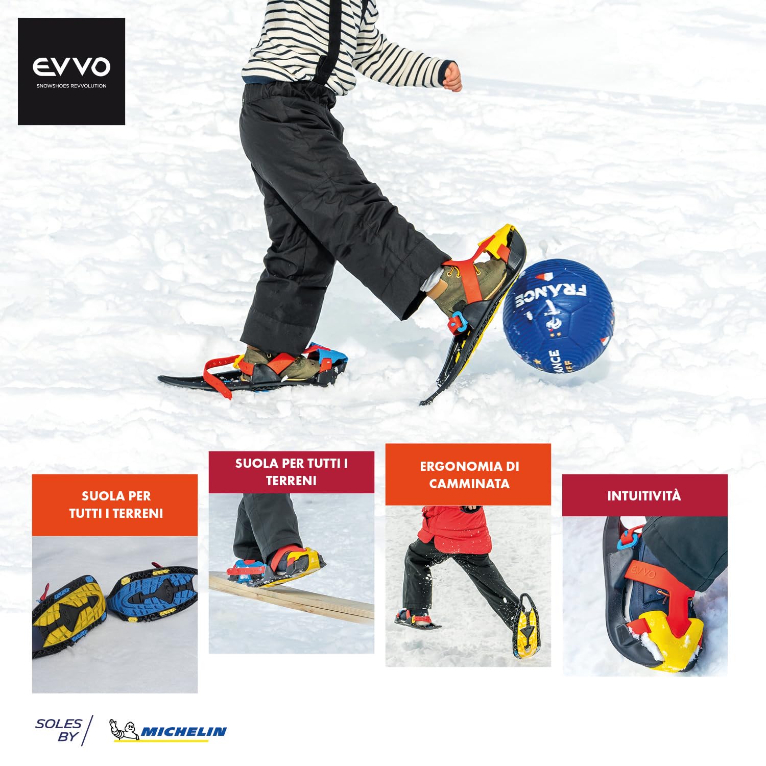 EVVO SHOSHIBAA, ciaspole per bambini, Made in Europe, attacchi regolabili, morbidi chiodi, All Terrain, escursionismo con le ciaspole